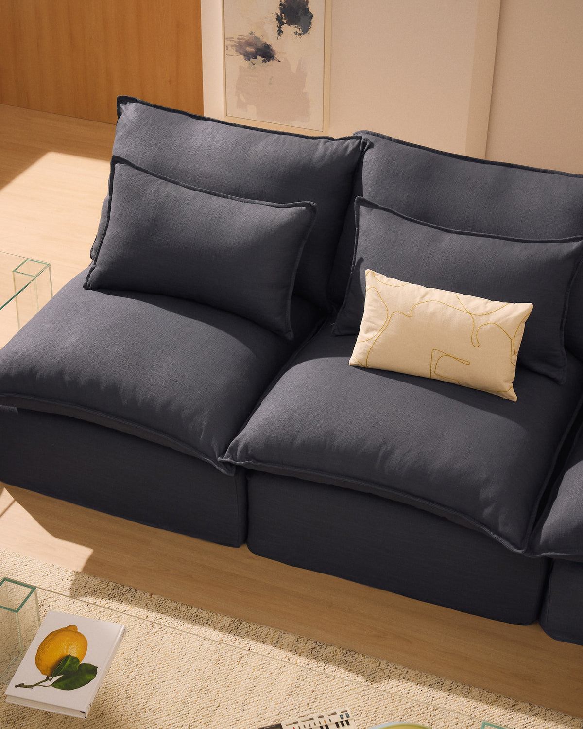 Modulares 4-Sitzer-Ecksofa Anarela mit abnehmbarem Bezug aus Leinen und Viskose in Dunkelgrau, 287 x 307 cm, FSC Mix Credit in Dunkelgrau präsentiert im Onlineshop von KAQTU Design AG. 4er Sofa ist von Kave Home