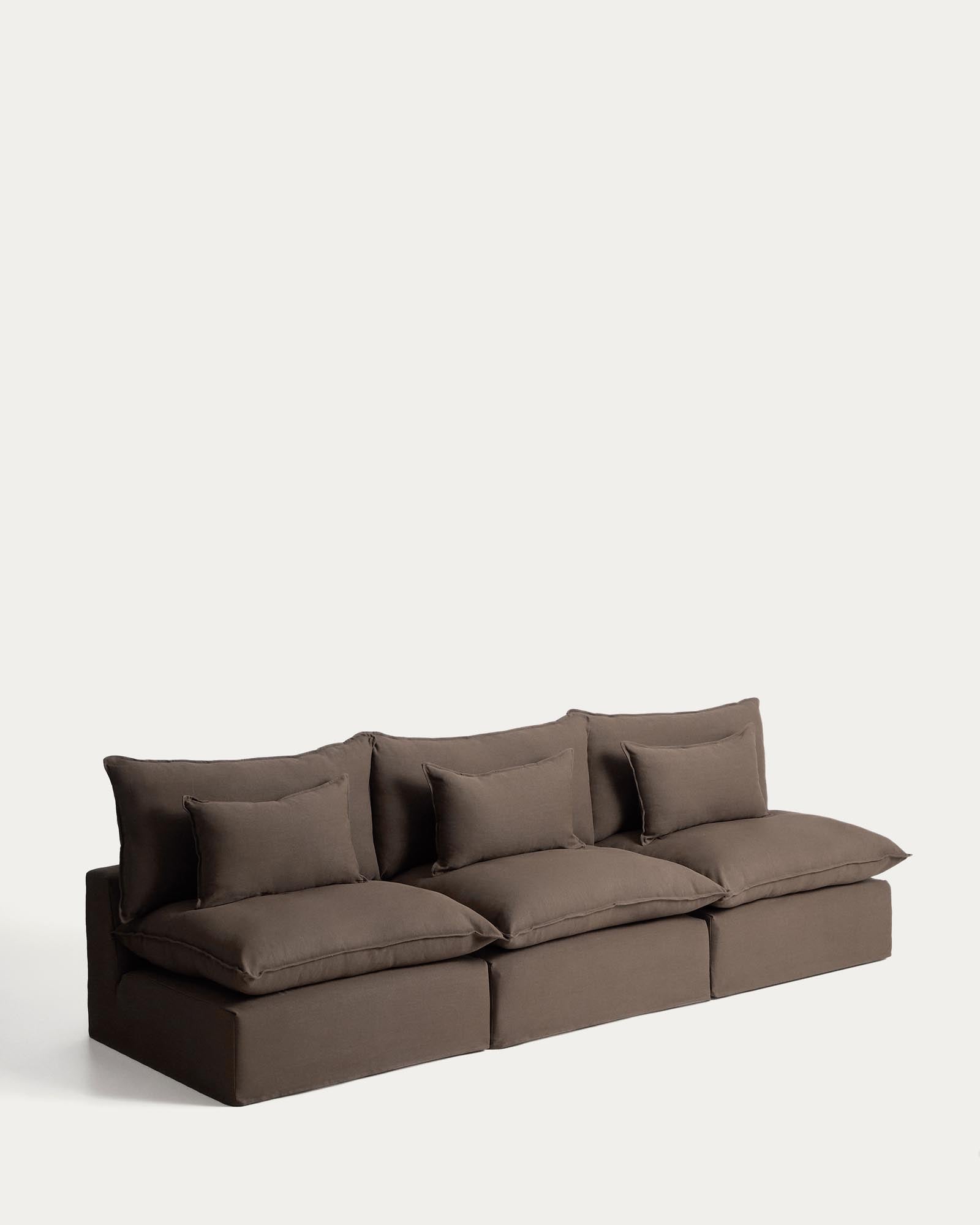 Modulares 5-Sitzer-Sofa Anarela in sanftem Taupe, gefertigt aus Leinen mit abnehmbarem Bezug, perfekt für moderne Wohnkonzepte.