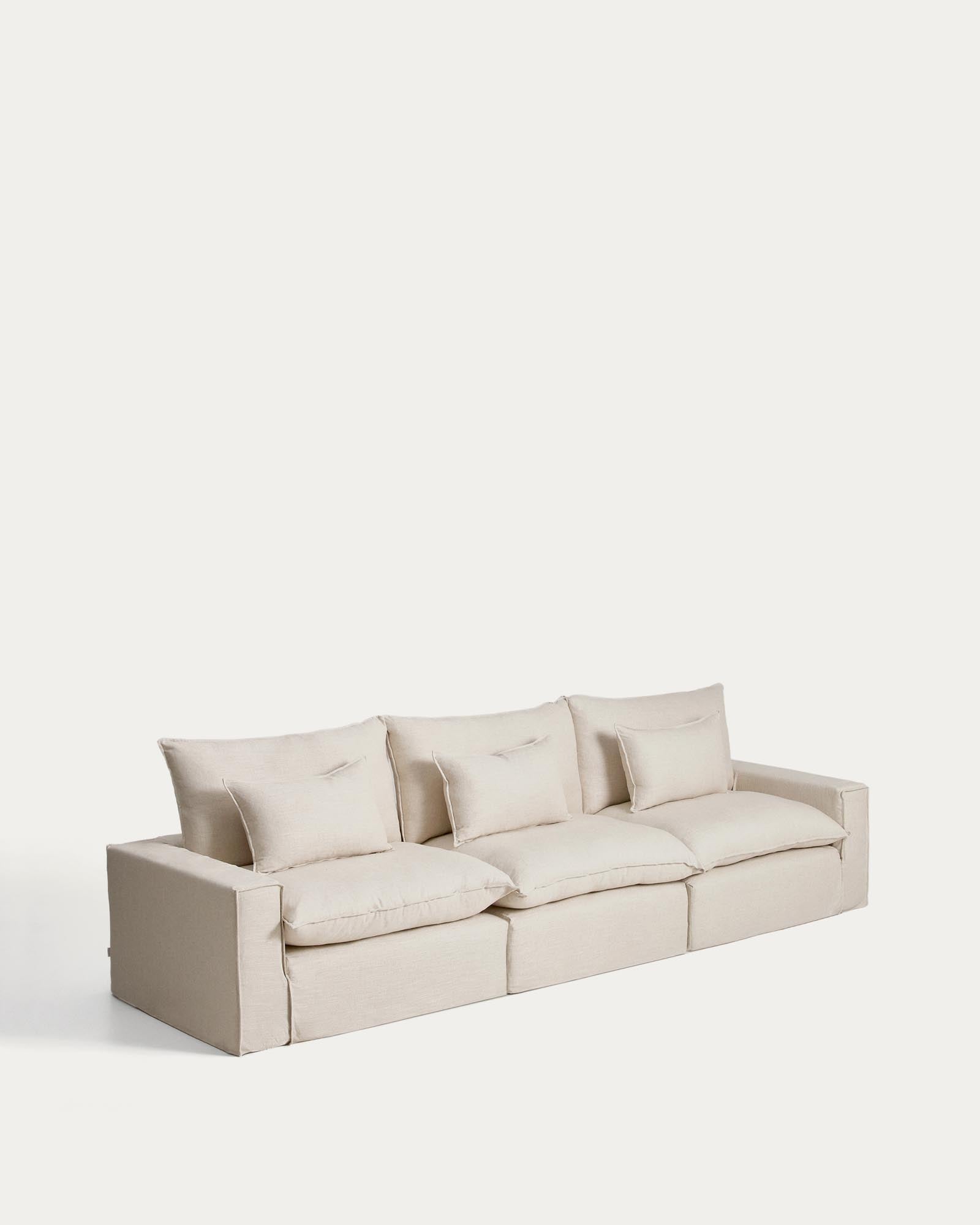 Beige 5-Sitzer-Modularsofa Anarela, 370 cm, aus Leinen und Viskose, abnehmbarer Bezug, perfekt für stilvolle und nachhaltige Wohnkonzepte.