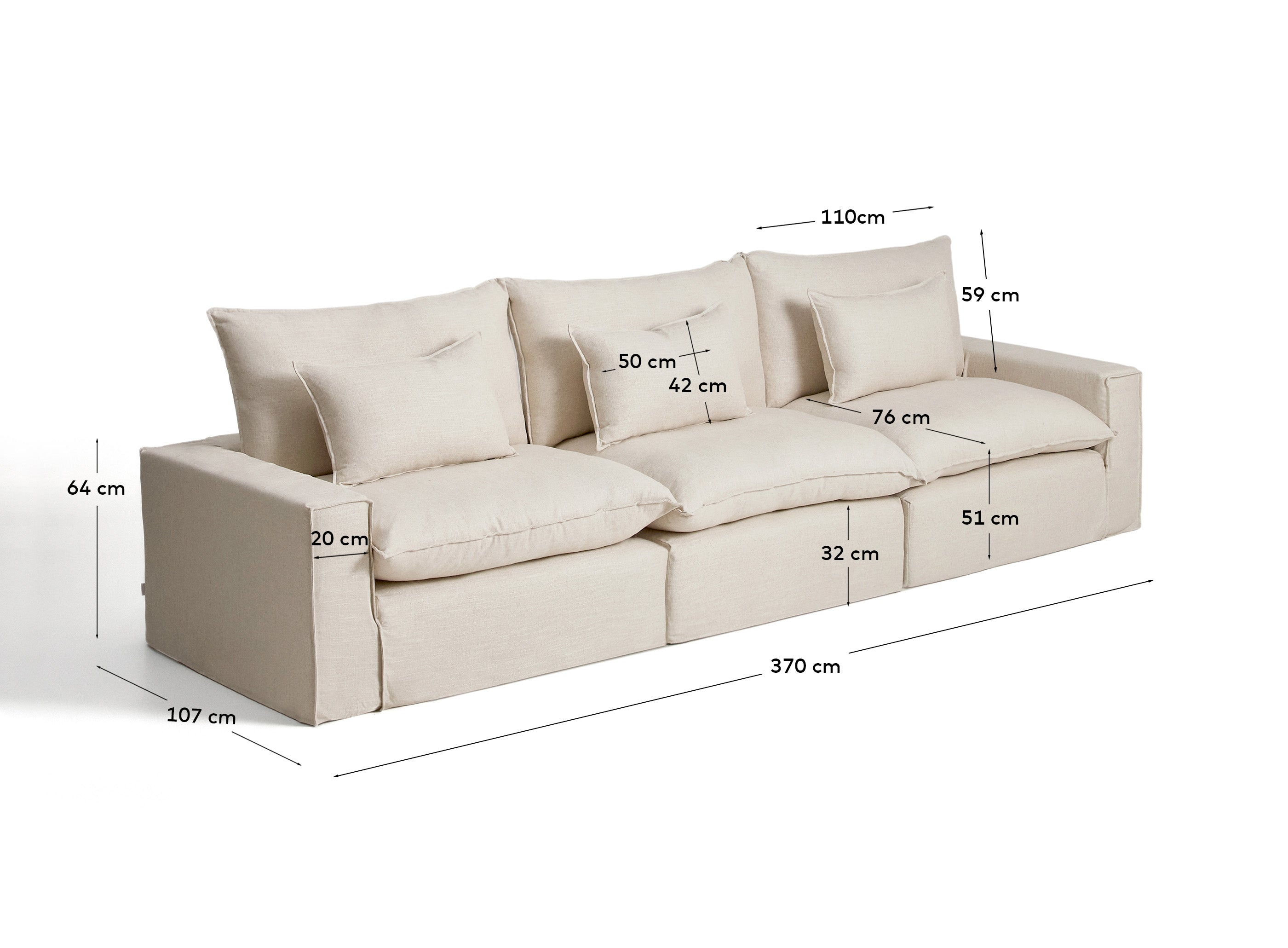 Beige 5-Sitzer-Modularsofa Anarela, 370 cm, mit abnehmbarem Bezug aus Leinen und Viskose, ideal für moderne und umweltbewusste Wohnräume.