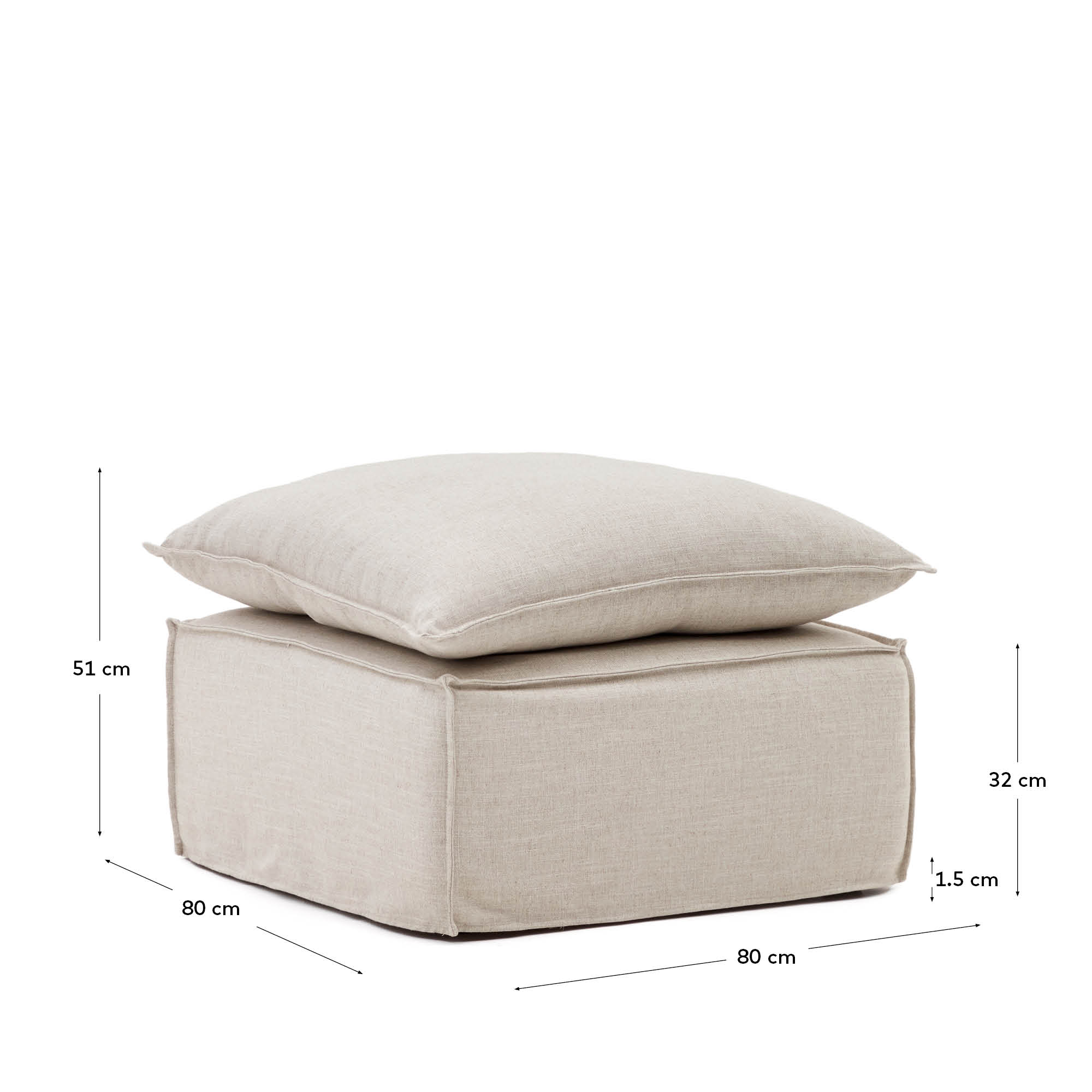 Die Anarela Fussablage von Kave Home bietet stilvollen Komfort in Beige. Mit abnehmbarem Leinenbezug und großzügigen 80 x 80 cm ist sie perfekt für jedes Zuhause.