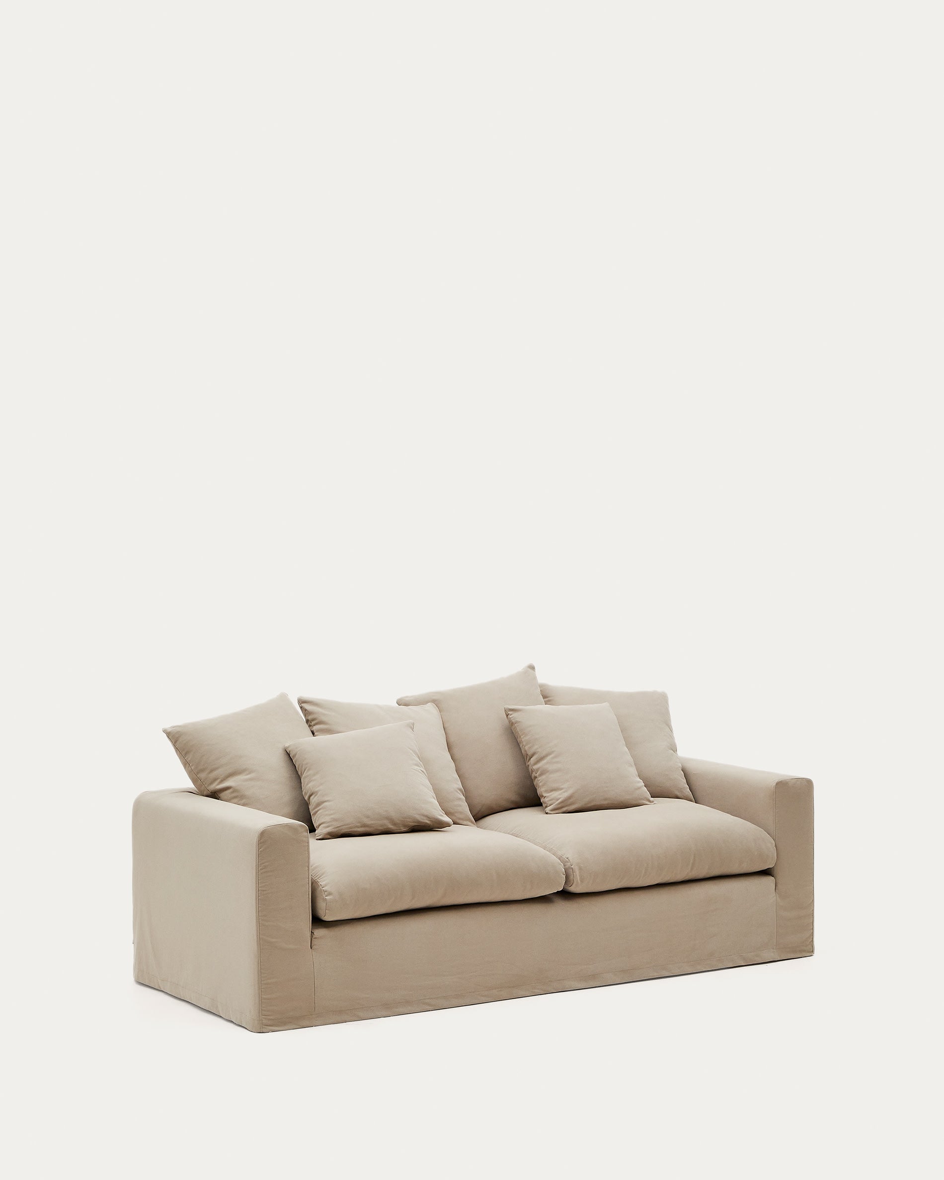 Elegantes Nora 3-Sitzer-Sofa, 240 cm, mit abnehmbaren Leinen-Baumwoll-Kissenbezügen in Taupe, ideal für stilvolle Wohnräume.