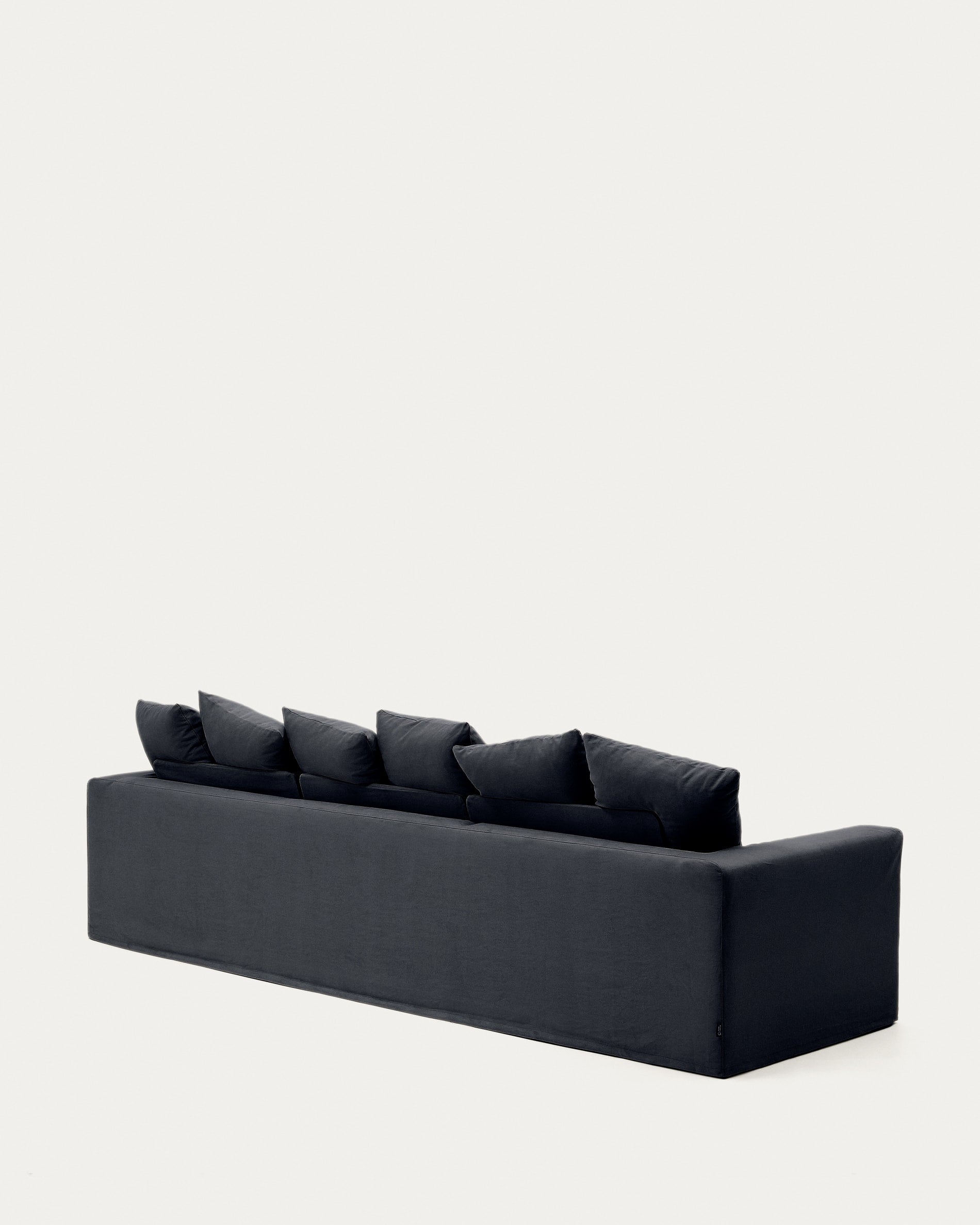 Stilvolles 4-Sitzer Sofa Nora in Anthrazit, 340 cm breit, mit abnehmbaren Leinen-Baumwollbezügen für höchsten Sitzkomfort und Pflegeleichtigkeit.