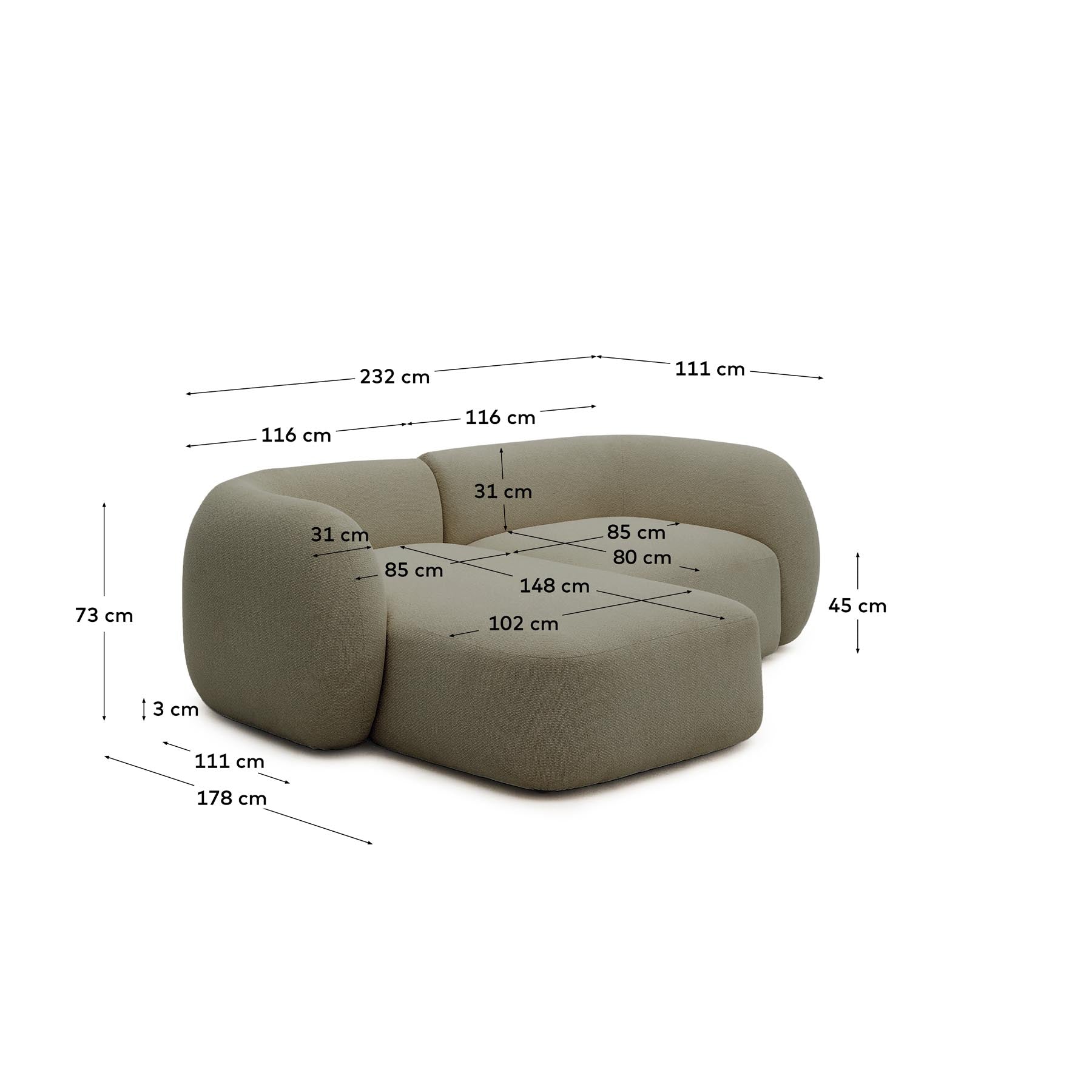 Schwer entflammbares 2-Sitzer-Modularsofa Martina mit Chenille und Chaiselongue links in Grün 230 cm in Grün präsentiert im Onlineshop von KAQTU Design AG. L-Sofa links ist von Kave Home