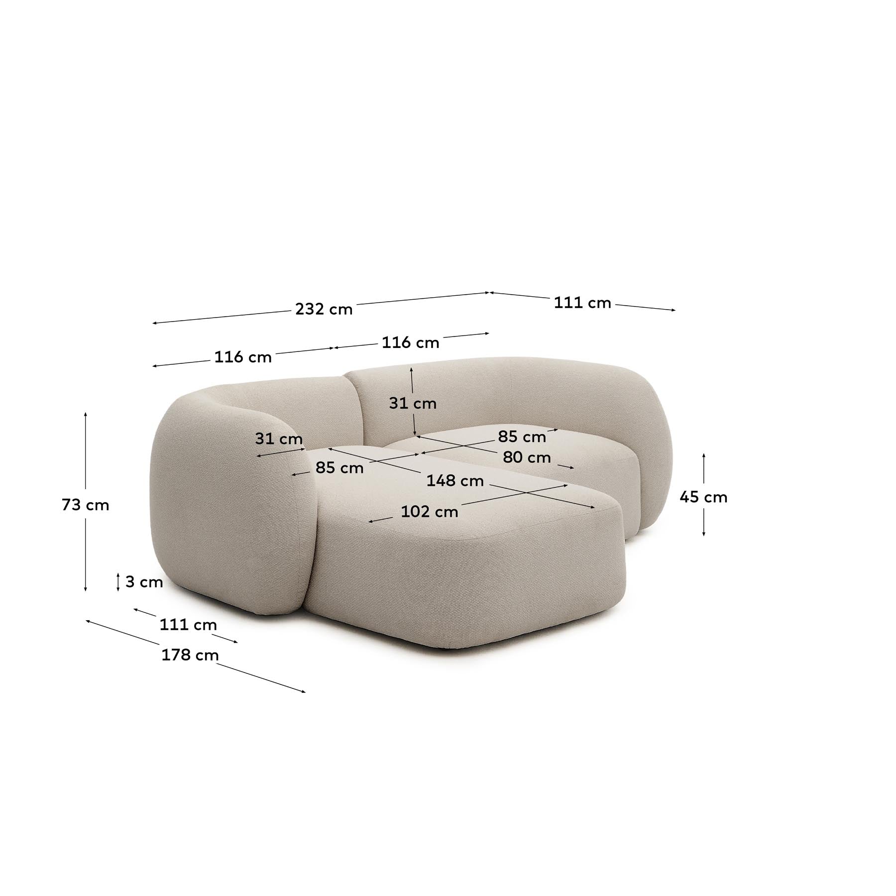 2-Sitzer-Modularsofa Martina mit Chenille und Chaiselongue links in Steinton 230 cm in Steinfarben präsentiert im Onlineshop von KAQTU Design AG. L-Sofa links ist von Kave Home