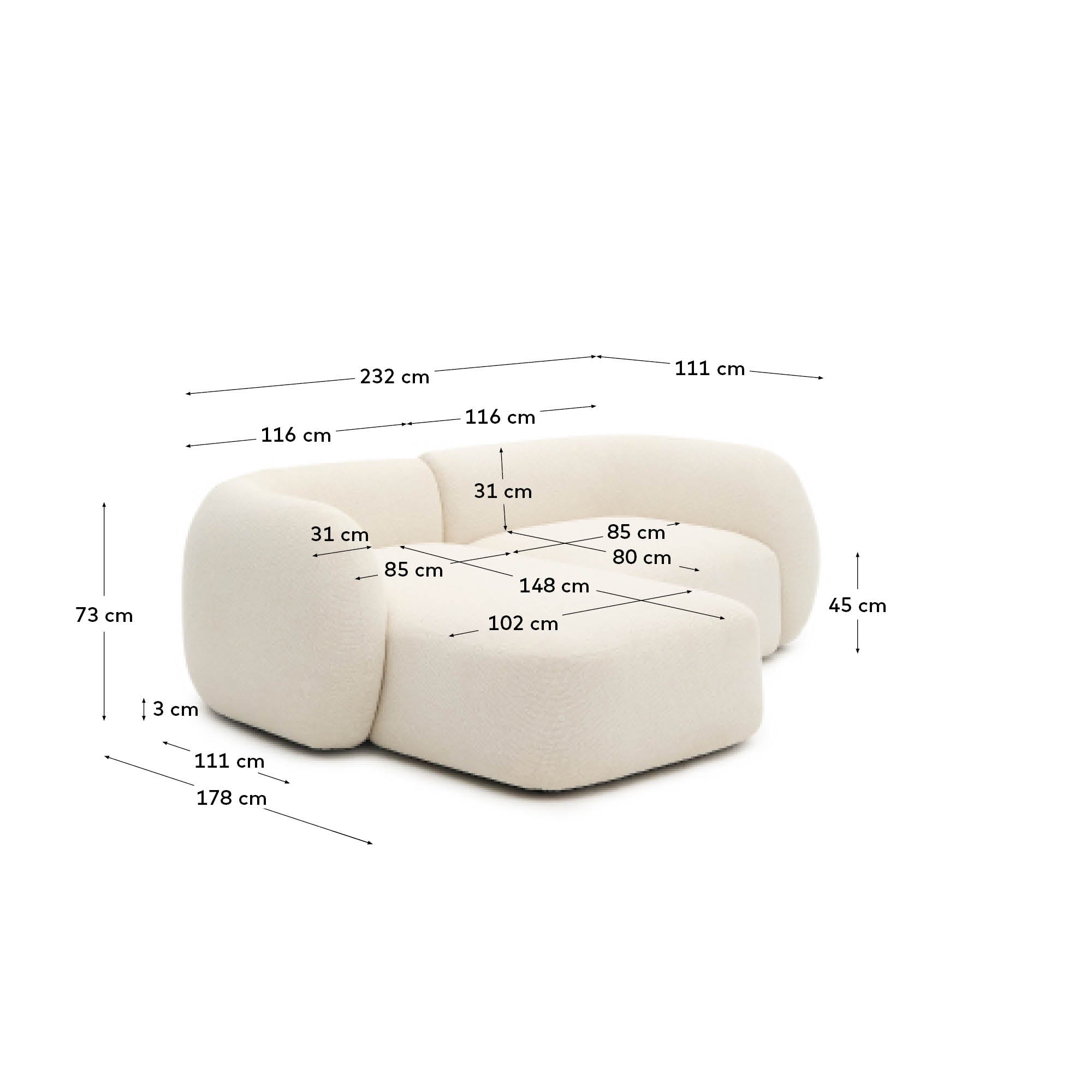 Schwer entflammbares 2-Sitzer-Modularsofa Martina mit Chenille und Chaiselongue links in Ecru 230 cm in Ecru präsentiert im Onlineshop von KAQTU Design AG. L-Sofa links ist von Kave Home