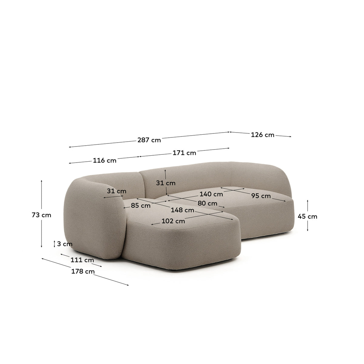 3-Sitzer-Modularsofa Martina mit Chenille und Chaiselongue links in Steinton 287 cm in Steinfarben präsentiert im Onlineshop von KAQTU Design AG. 3er Sofa ist von Kave Home