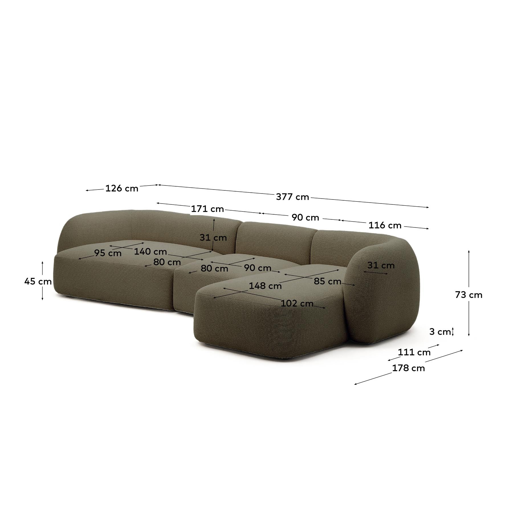 4-Sitzer-Modularsofa Martina mit Chenille und Chaiselongue rechts in Grün 377 cm in Grün präsentiert im Onlineshop von KAQTU Design AG. L-Sofa rechts ist von Kave Home