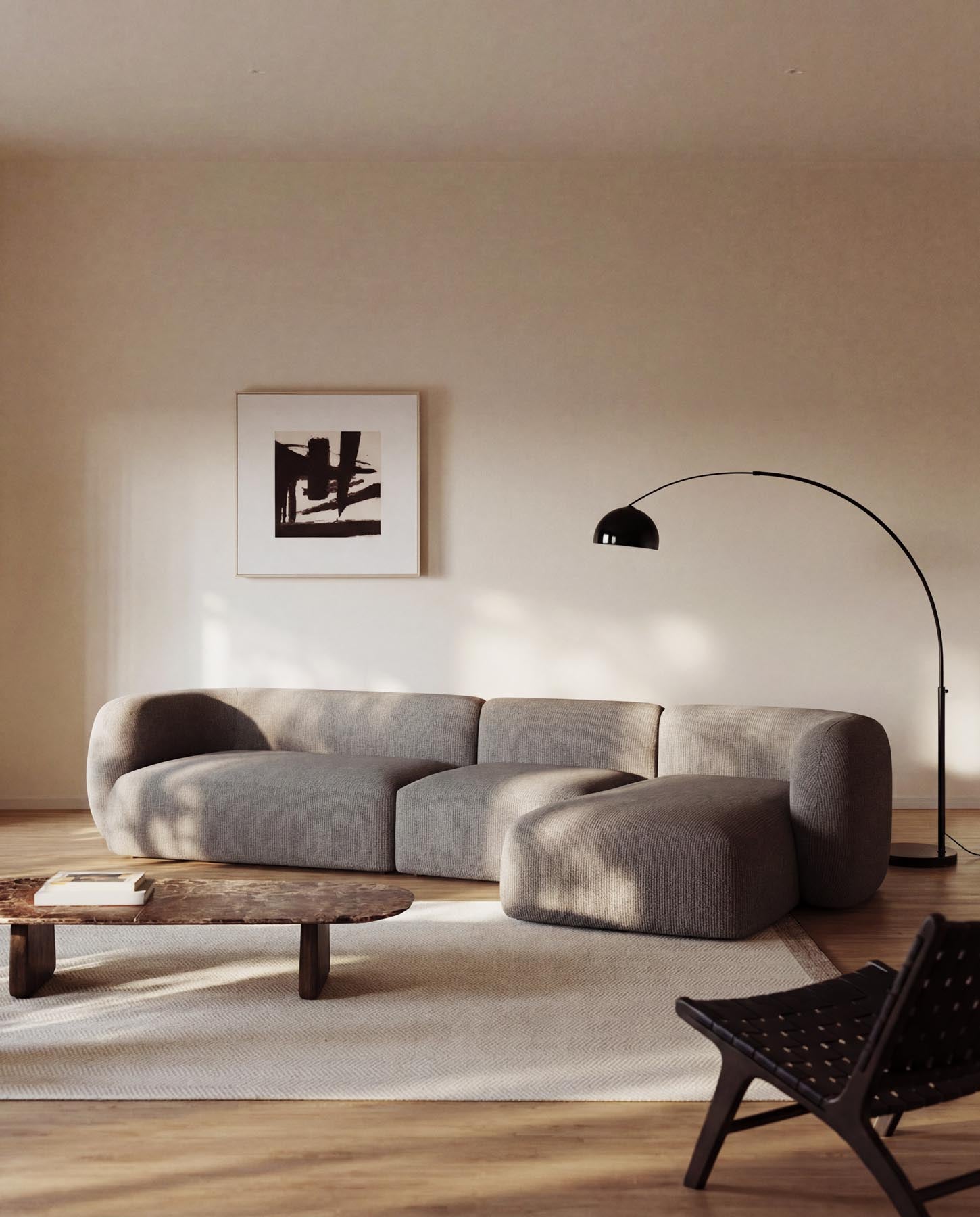 4-Sitzer-Modularsofa Martina mit Chenille und Chaiselongue rechts in Steinton 377 cm in Steinfarben präsentiert im Onlineshop von KAQTU Design AG. L-Sofa rechts ist von Kave Home