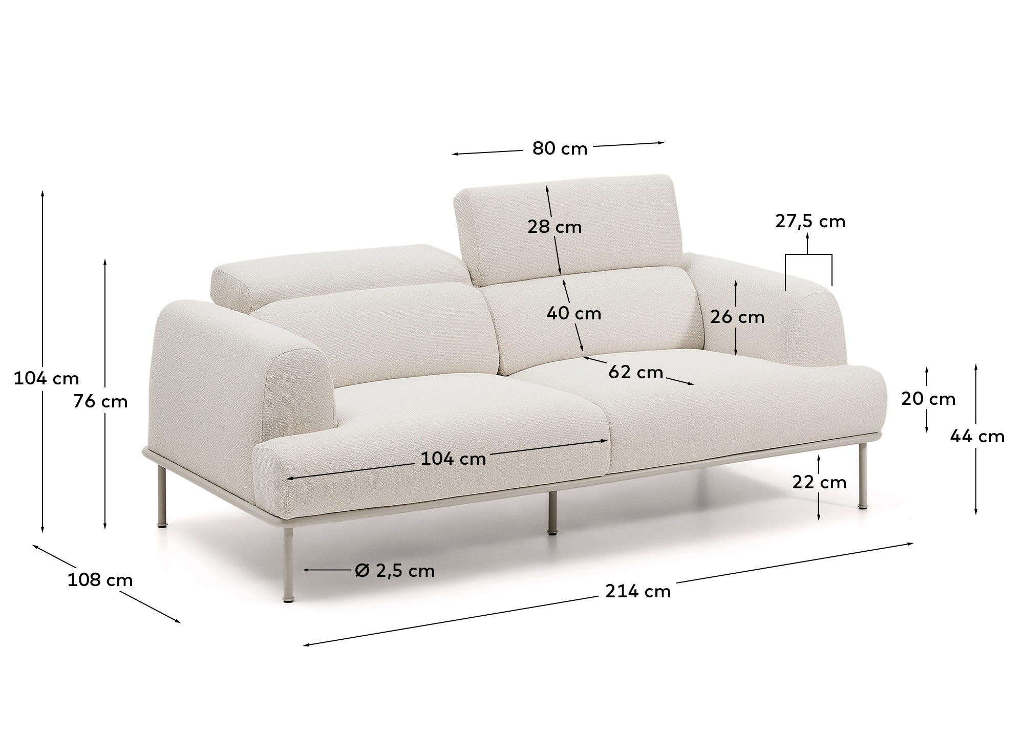 Elegantes 2-Sitzer-Sofa Aurum von Kave Home: Ecrufarbene Chenille, verstellbares Kopfteil und stilvolle mattbeige Beine für optimalen Komfort.