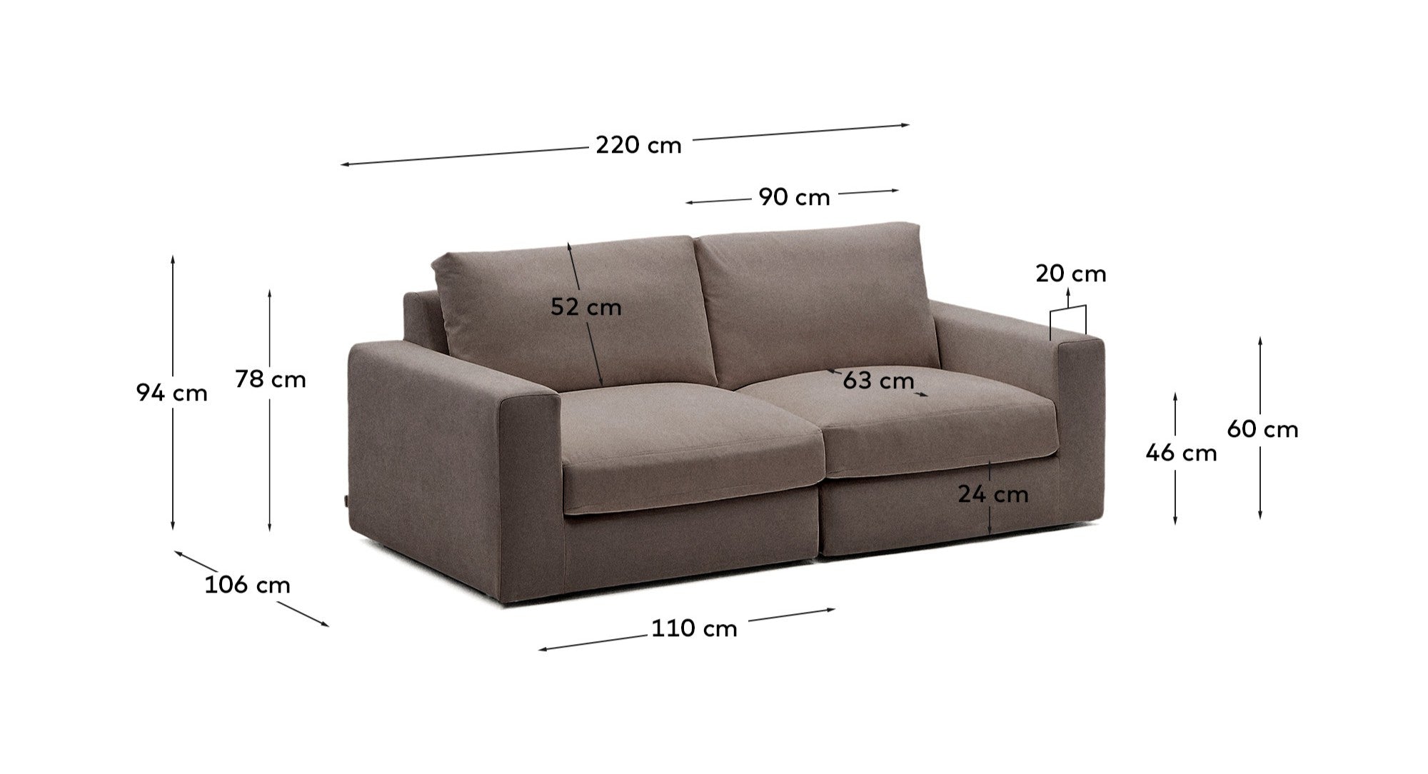 Modulares Sofa Alea für 3 Personen mit abnehmbarem Bezug aus dunkelbrauner Chenille, 220 cm in Dunkelbraun präsentiert im Onlineshop von KAQTU Design AG. 3er Sofa ist von Kave Home