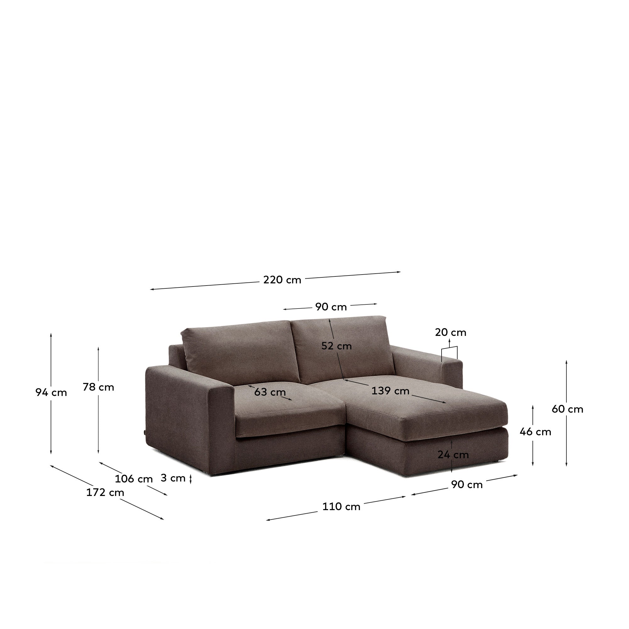 Modulares Sofa Alea für 3 Personen mit abnehmbarem Bezug aus Chenille mit Chaiselongue rechts in Dunkelbraun, 220 cm in Dunkelbraun präsentiert im Onlineshop von KAQTU Design AG. 3er Sofa ist von Kave Home