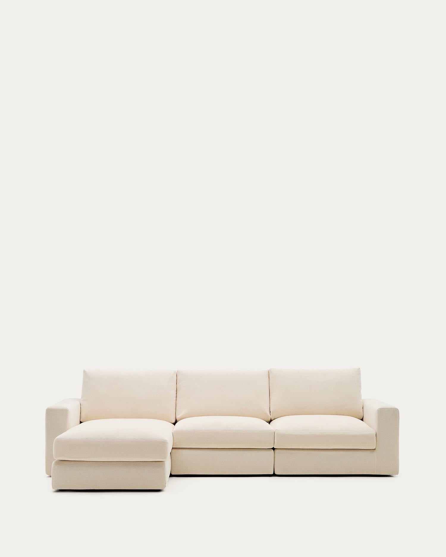 Modulares Sofa Alea für 4 Personen mit abnehmbarem Bezug aus Chenille mit Chaiselongue links in Ecru, 310 cm in Ecru präsentiert im Onlineshop von KAQTU Design AG. 4er Sofa ist von Kave Home