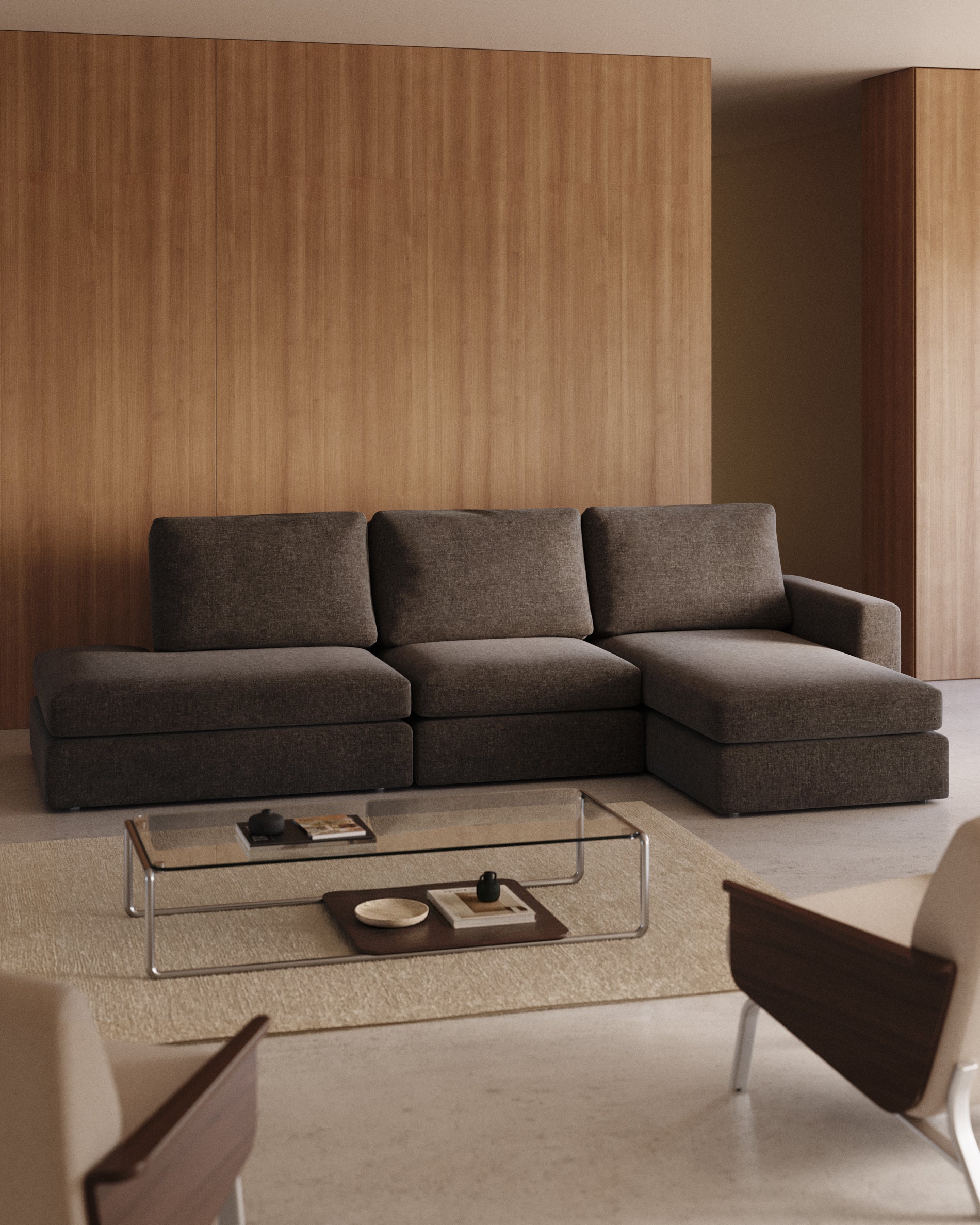 Modulares Sofa Alea für 5 Personen mit abnehmbarem Bezug aus dunkelbrauner Chenille und Chaiselongue rechts, 340 cm in Dunkelbraun präsentiert im Onlineshop von KAQTU Design AG. 5er Sofa ist von Kave Home