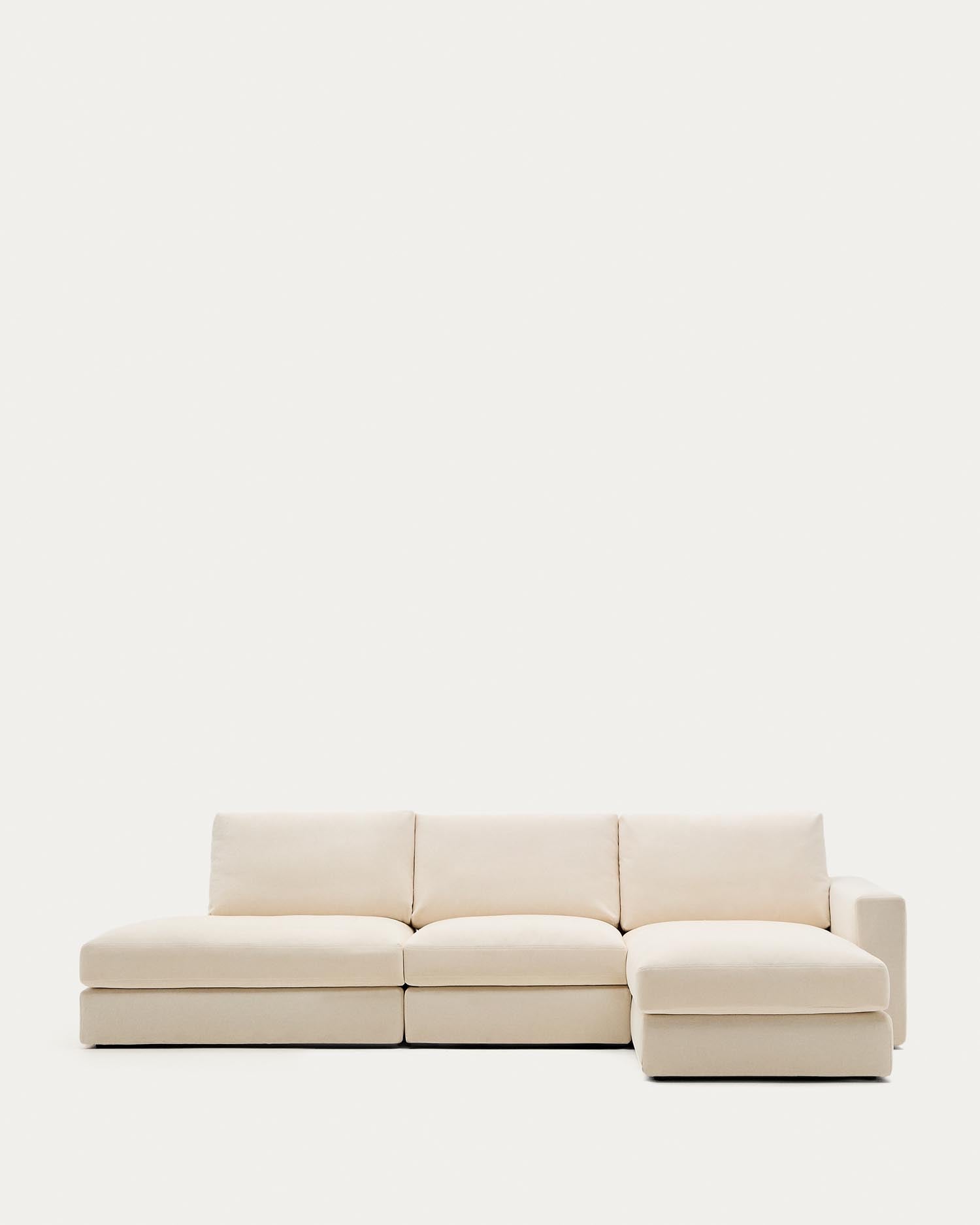 Modulares Sofa Alea für 5 Personen mit abnehmbarem Bezug aus Chenille mit Chaiselongue rechts in Ecru, 340 cm in Ecru präsentiert im Onlineshop von KAQTU Design AG. 5er Sofa ist von Kave Home