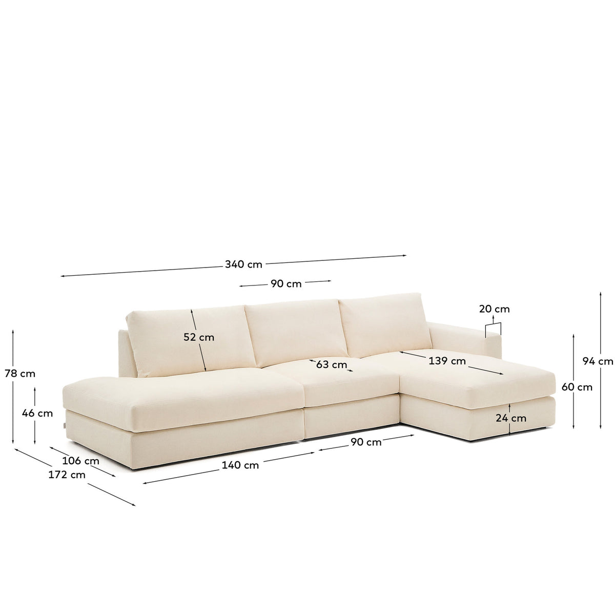 Modulares Sofa Alea für 5 Personen mit abnehmbarem Bezug aus Chenille mit Chaiselongue rechts in Ecru, 340 cm in Ecru präsentiert im Onlineshop von KAQTU Design AG. L-Sofa rechts ist von Kave Home