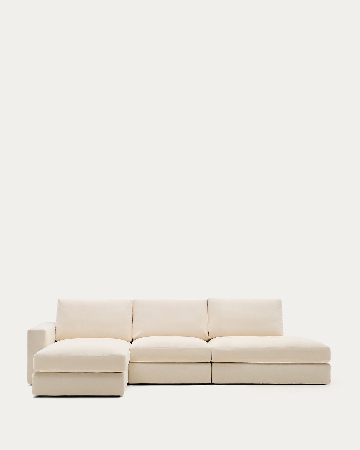Modulares Sofa Alea für 5 Personen mit abnehmbarem Bezug aus Chenille mit Chaiselongue links in Ecru, 340 cm in Ecru präsentiert im Onlineshop von KAQTU Design AG. 5er Sofa ist von Kave Home