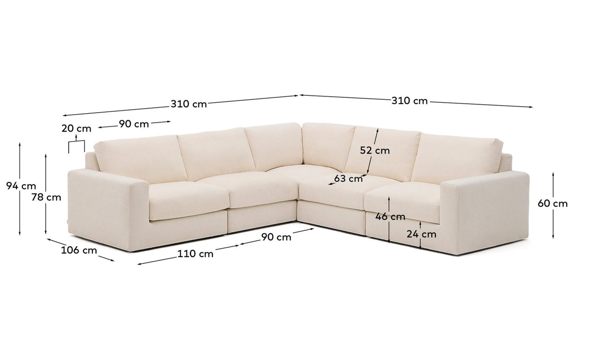 Modulares 5-Sitzer-Ecksofa Alea mit Bezug aus Chenille in Ecru, 310 x 310 cm in Ecru präsentiert im Onlineshop von KAQTU Design AG. Ecksofa ist von Kave Home