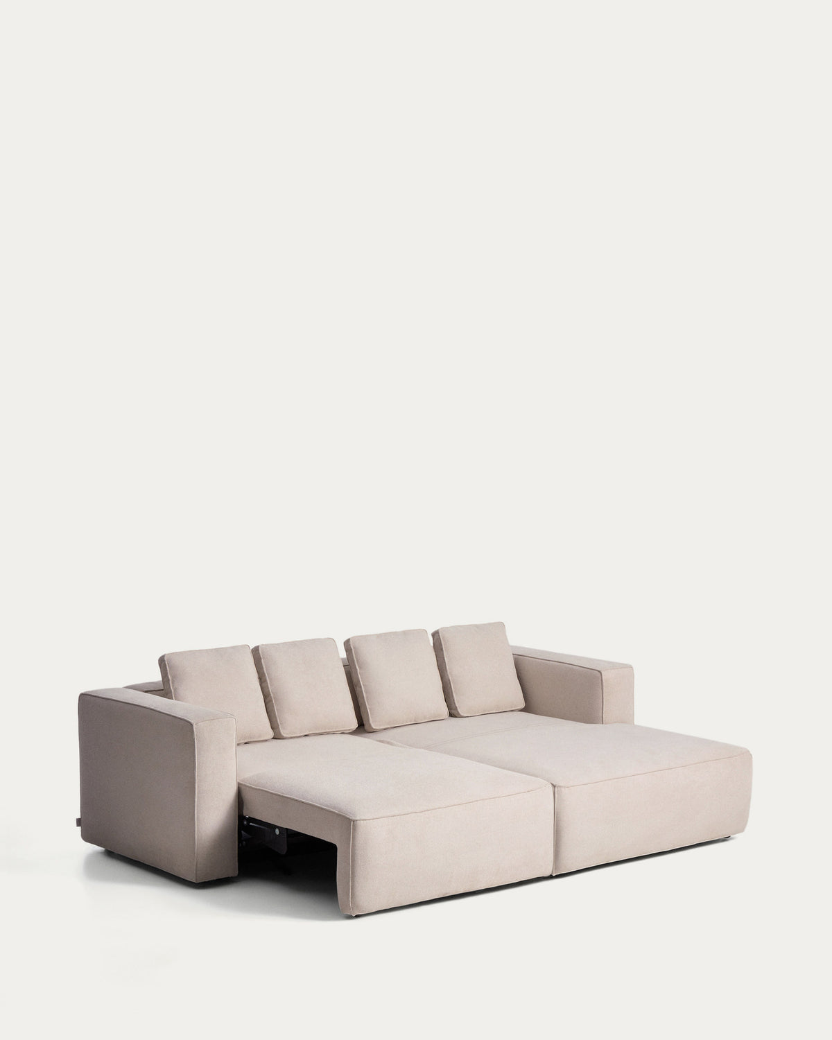 Beiges Bettsofa Marela mit Chaiselongue rechts, Gewebebezug und schwarzen Beinen