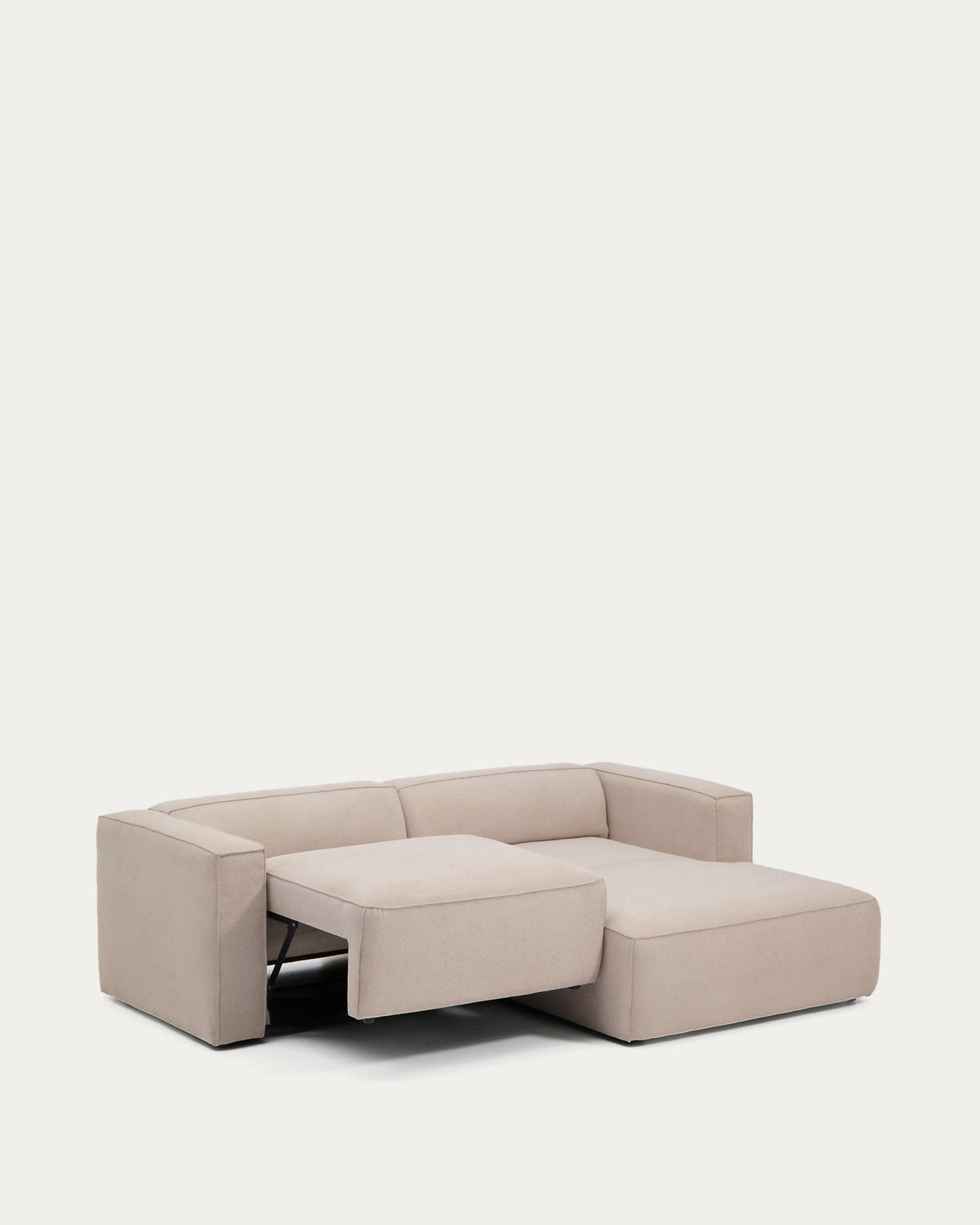 Beiges Bettsofa Marela mit Chaiselongue rechts, Gewebebezug und schwarzen Beinen