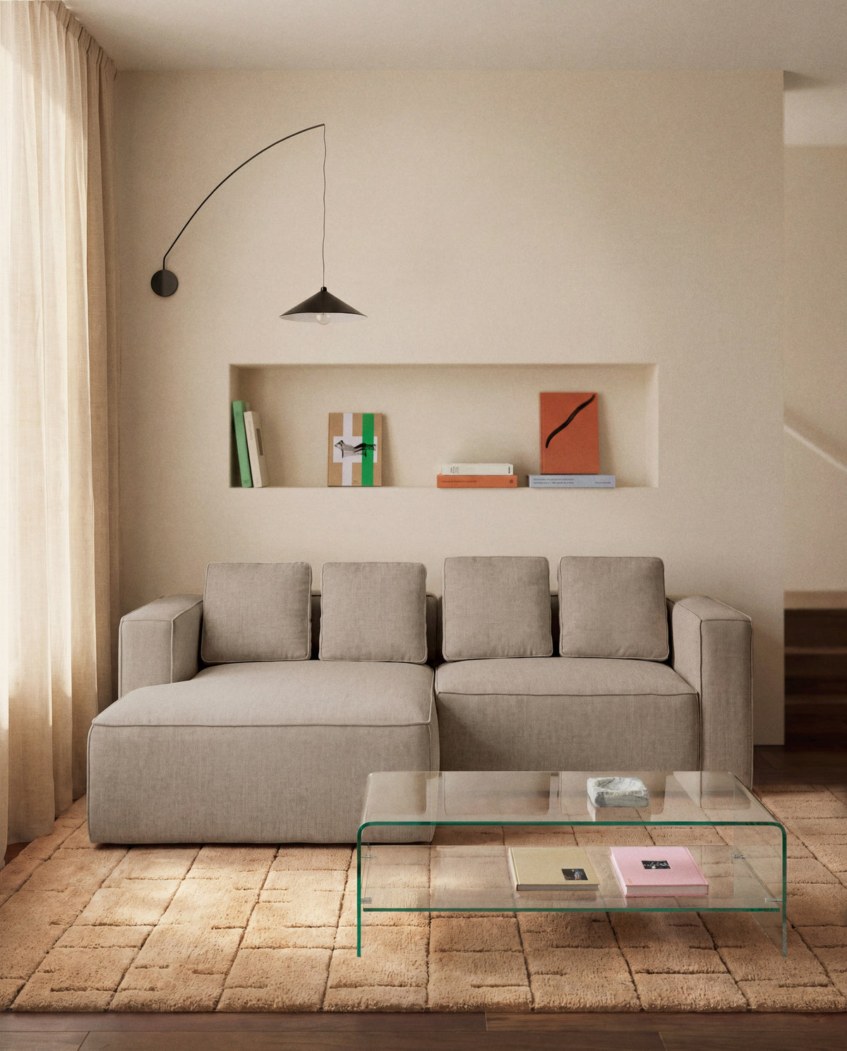 Beiges 3-Sitzer Bettsofa Marela mit Chaiselongue links, Gewebebezug, Armlehnen, schwarze Beine