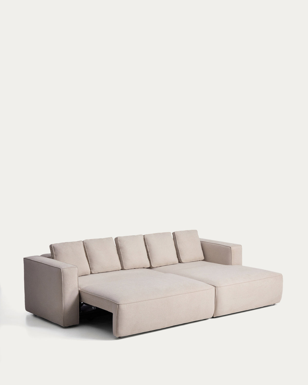 Beiges 4-Sitzer-Bettsofa Marela mit Chaiselongue rechts, Gewebebezug und schwarzen Beinen