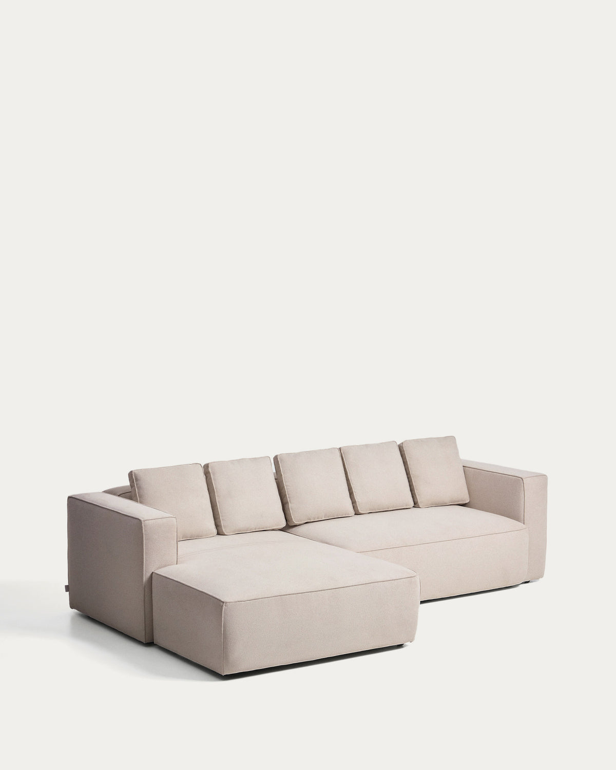 Beiges Bettsofa Marela mit Chaiselongue links, Gewebebezug und schwarzen Beinen