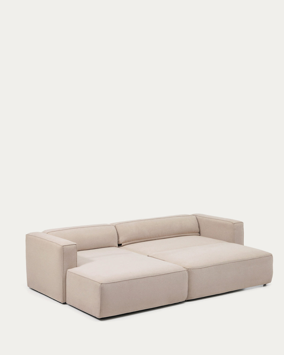 Beiges Bettsofa Marela mit Chaiselongue links, Gewebebezug und schwarzen Beinen