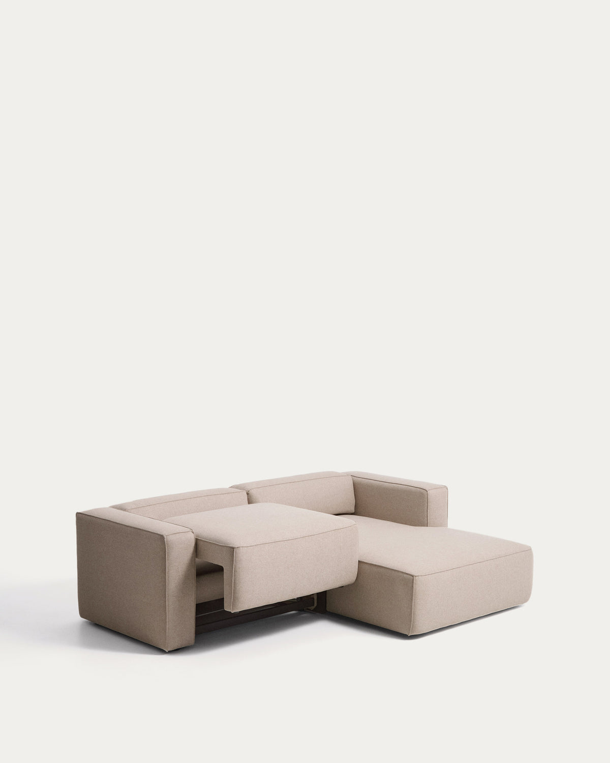 Beiges 3-Sitzer-Bettsofa Marela mit Chaiselongue rechts, Stoffbezug und schwarzen Beinen