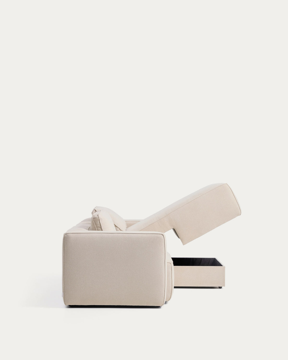 Ecrufarbenes 3-Sitzer-Bettsofa Marela aus Chenille mit Chaiselongue rechts und schwarzen Beinen
