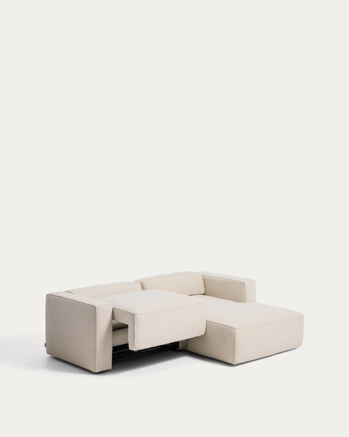 Ecrufarbenes 3-Sitzer-Bettsofa Marela aus Chenille mit Chaiselongue rechts und schwarzen Beinen