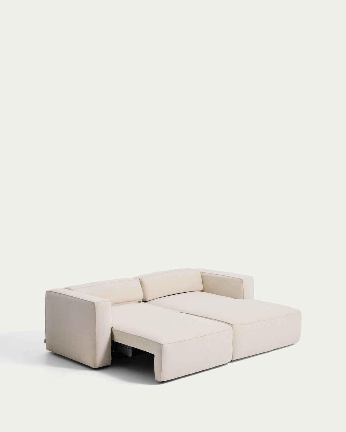 Ecrufarbenes 3-Sitzer-Bettsofa Marela aus Chenille mit Chaiselongue rechts und schwarzen Beinen