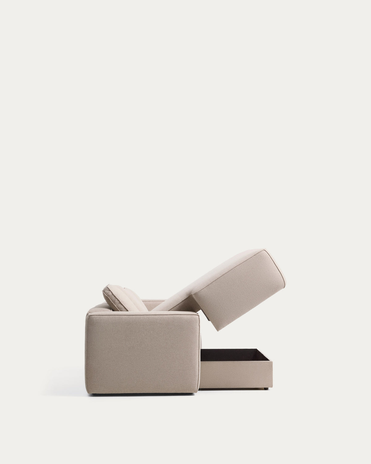 Beiges 3-Sitzer-Bettsofa Marela mit Chaiselongue links, Stoffbezug und schwarzen Beinen