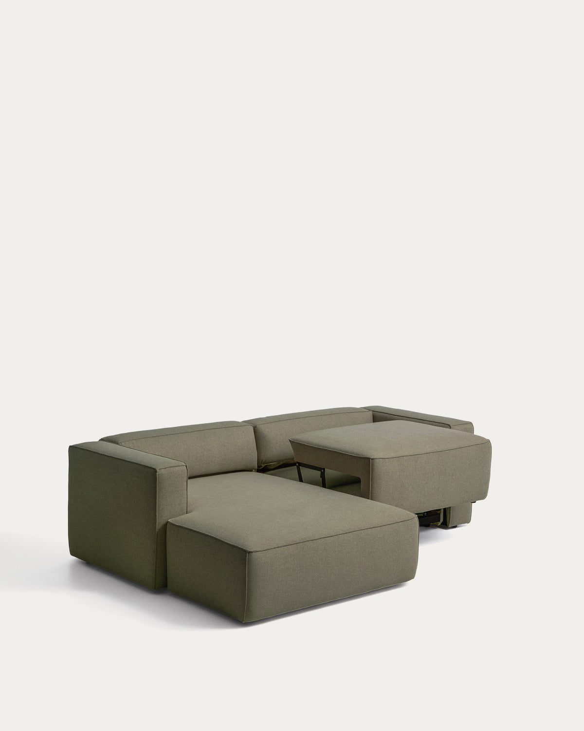 Dunkelgrünes Bettsofa Marela mit Chaiselongue links, Stoffbezug und schwarzen Beinen