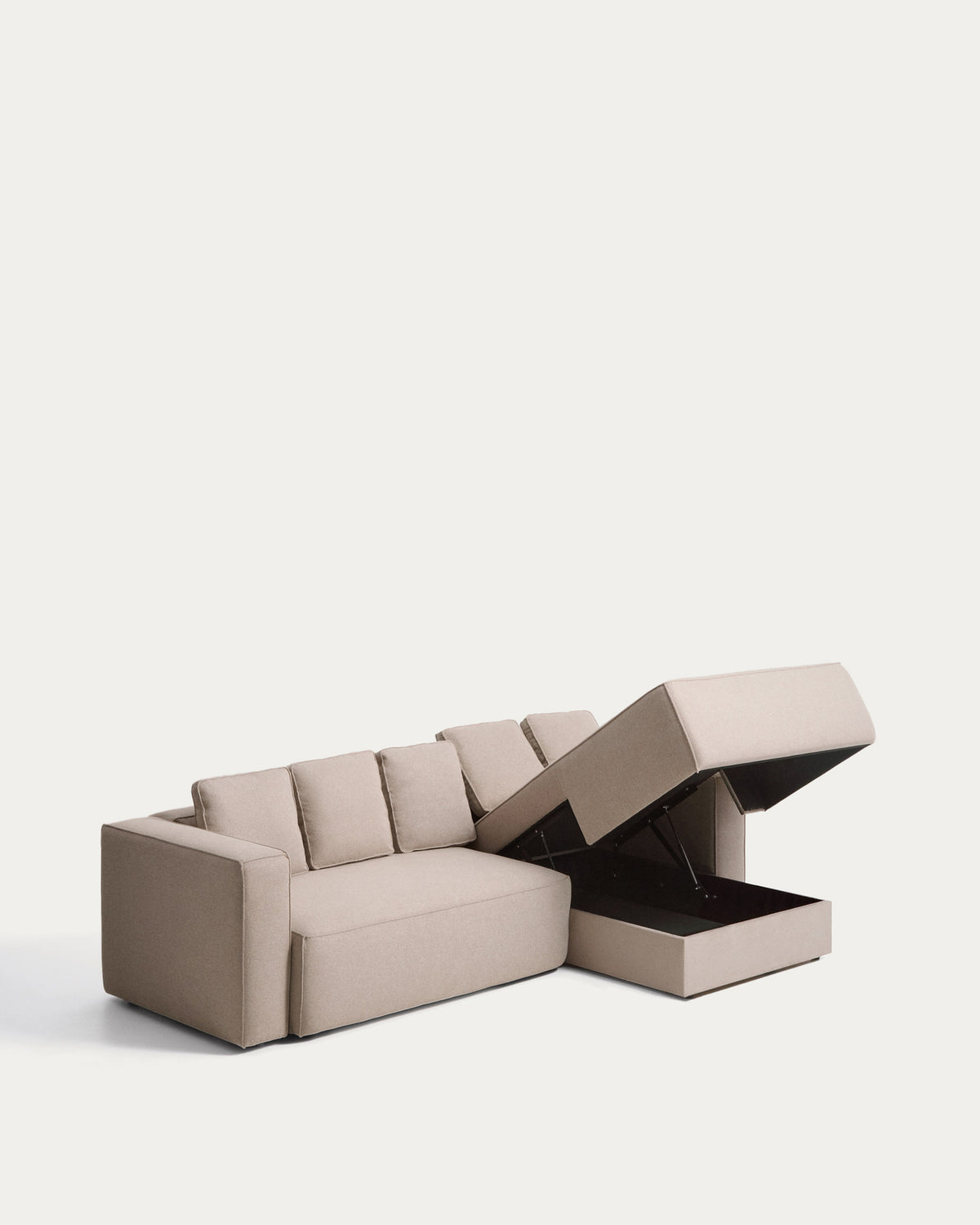 Beiges 4-Sitzer-Bettsofa Marela mit Gewebebezug, Chaiselongue rechts und schwarzen Beinen