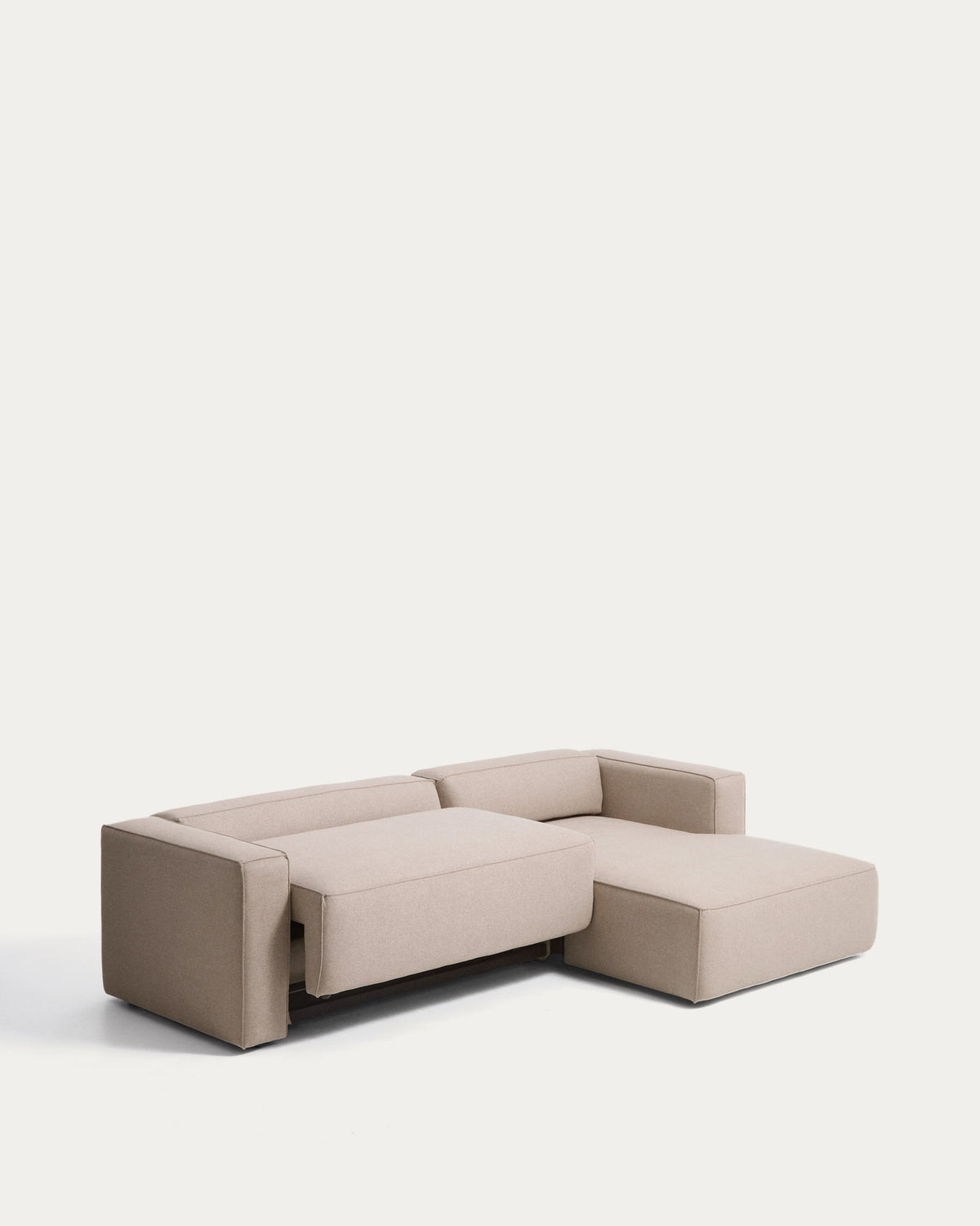 Beiges 4-Sitzer-Bettsofa Marela mit Gewebebezug, Chaiselongue rechts und schwarzen Beinen