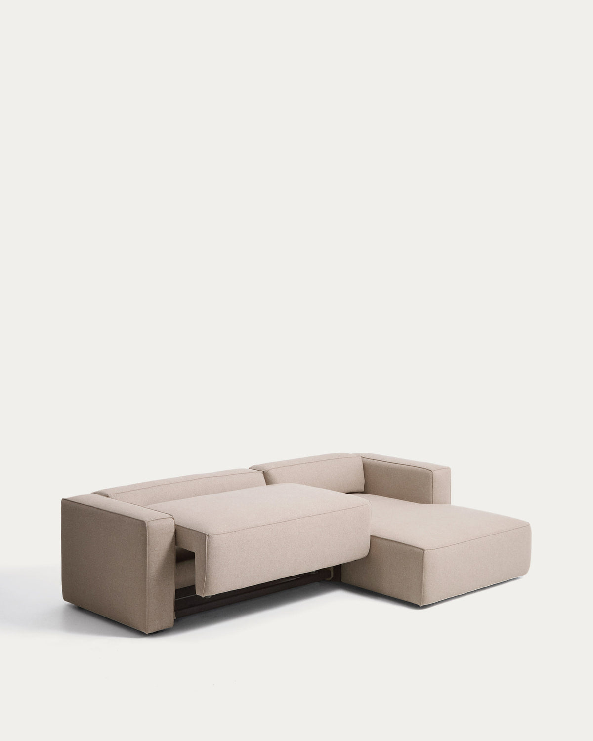 Beiges 4-Sitzer-Bettsofa Marela mit Gewebebezug, Chaiselongue rechts und schwarzen Beinen