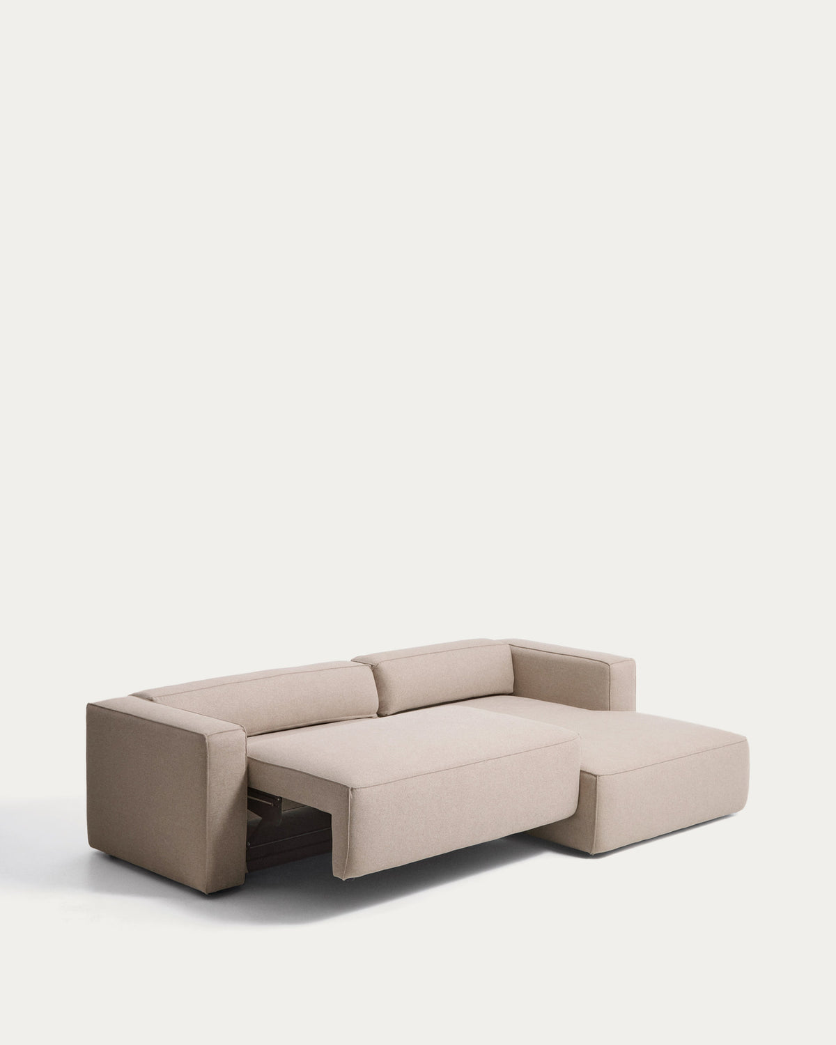 Beiges 4-Sitzer-Bettsofa Marela mit Gewebebezug, Chaiselongue rechts und schwarzen Beinen