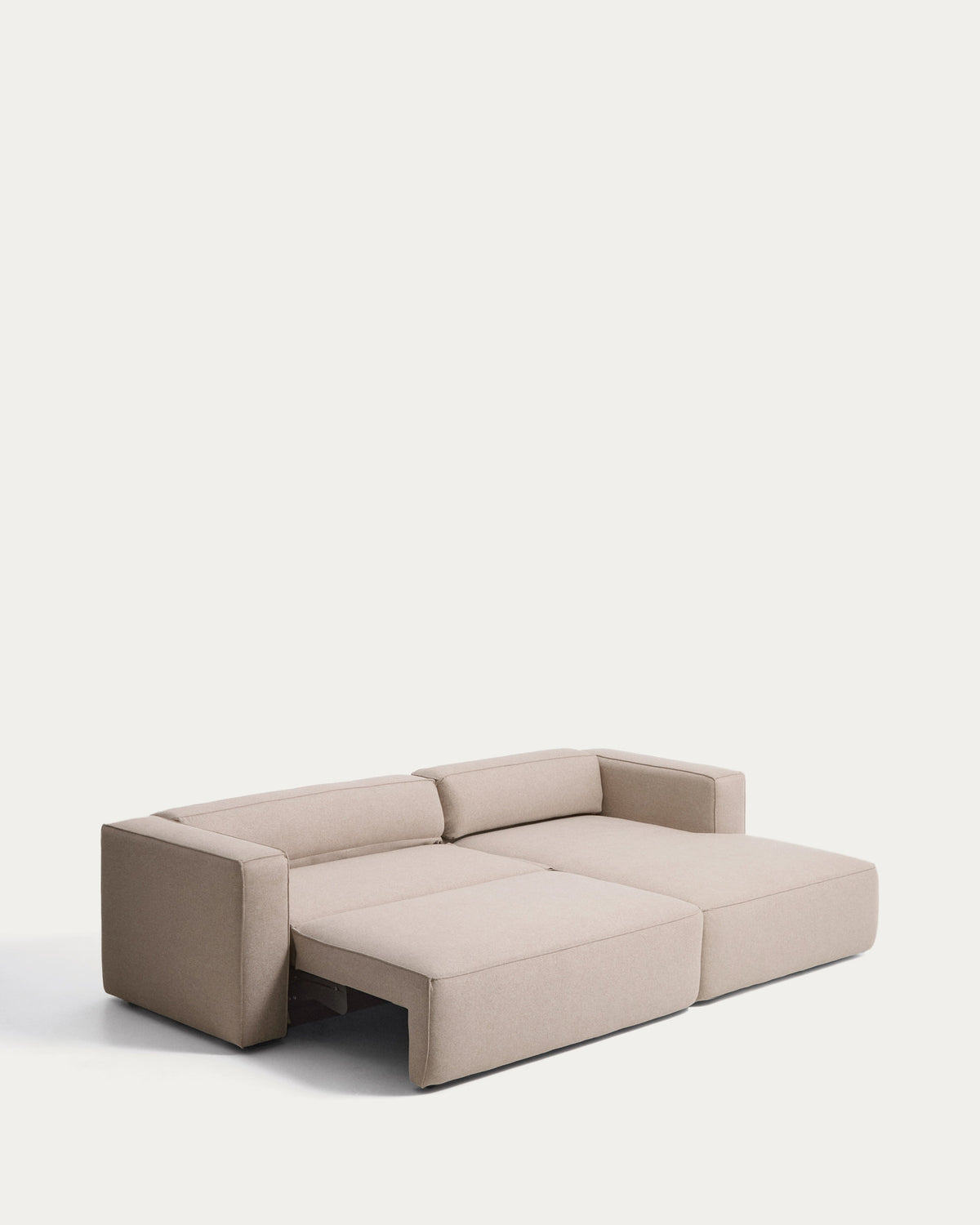 Beiges 4-Sitzer-Bettsofa Marela mit Gewebebezug, Chaiselongue rechts und schwarzen Beinen