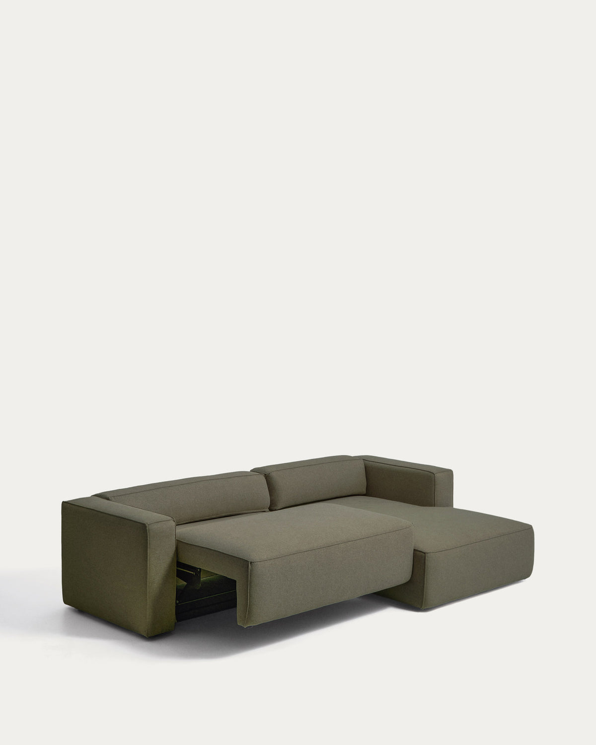 Dunkelgrünes Bettsofa Marela mit Strukturbezug, Armlehnen und Chaiselongue rechts
