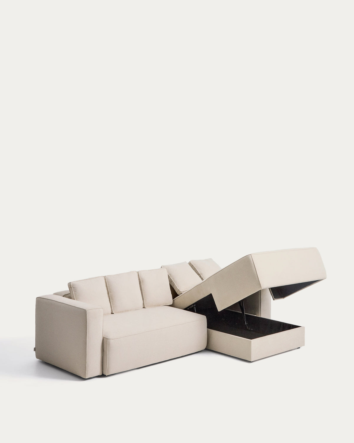 Beiges Bettsofa Marela mit Chaiselongue rechts, Chenillebezug in Ecru, schwarze Beine