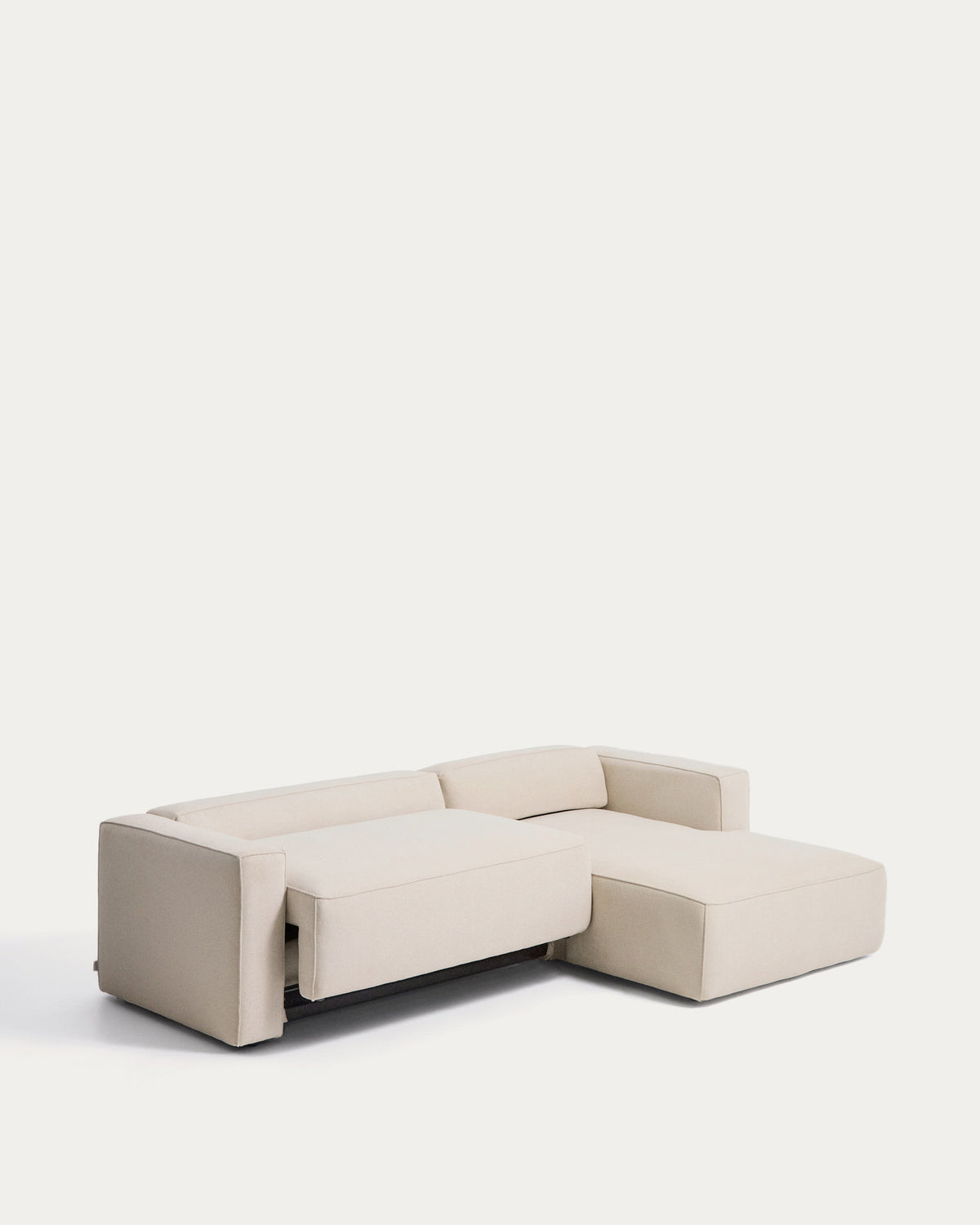 Beiges Bettsofa Marela mit Chaiselongue rechts, Chenillebezug in Ecru, schwarze Beine