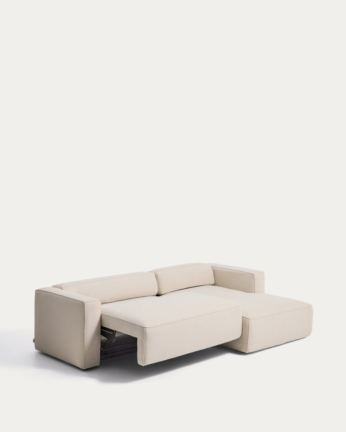 Beiges Bettsofa Marela mit Chaiselongue rechts, Chenillebezug in Ecru, schwarze Beine