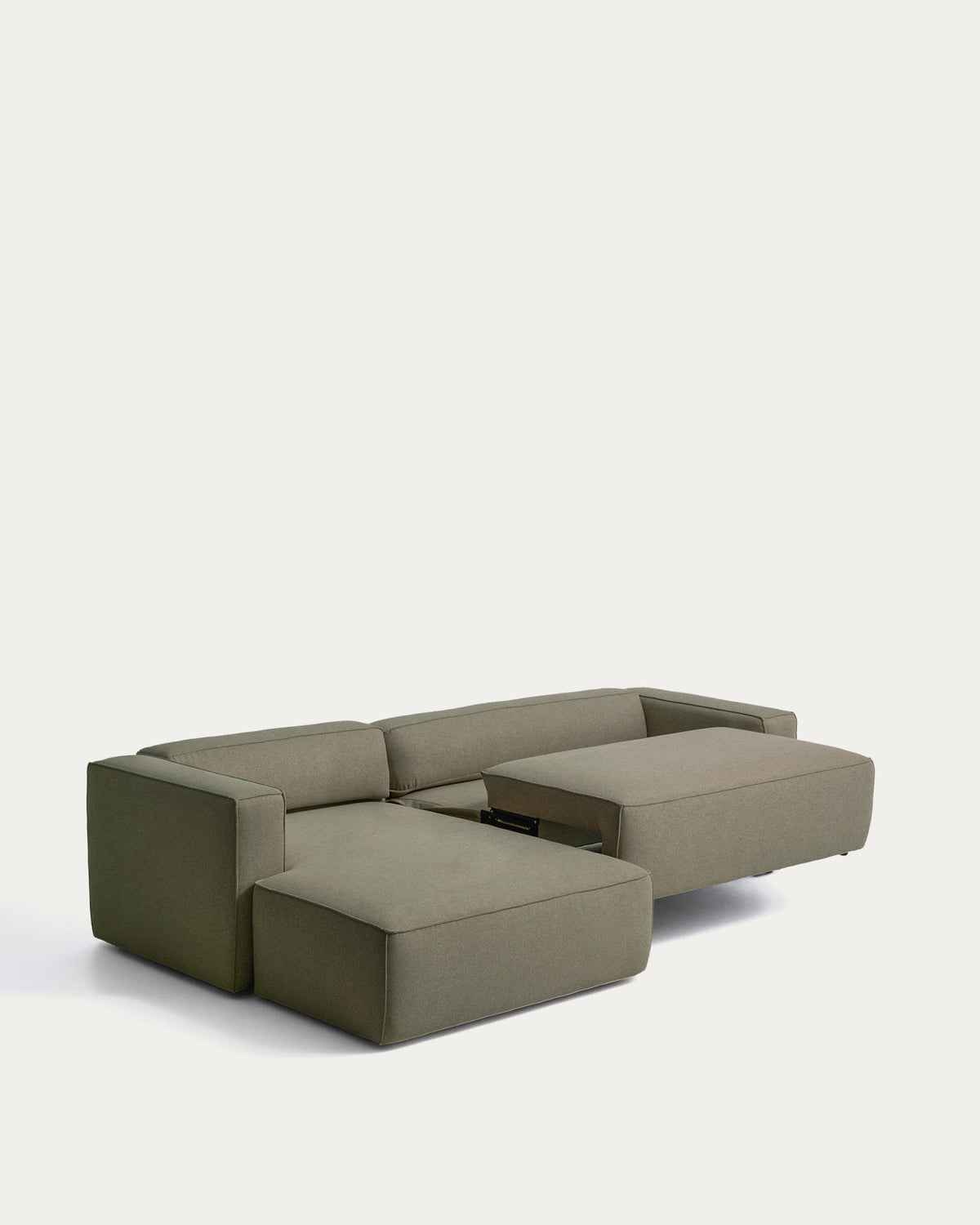Dunkelgrünes Bettsofa Marela mit Chaiselongue links, Stoffbezug und schwarzen Beinen