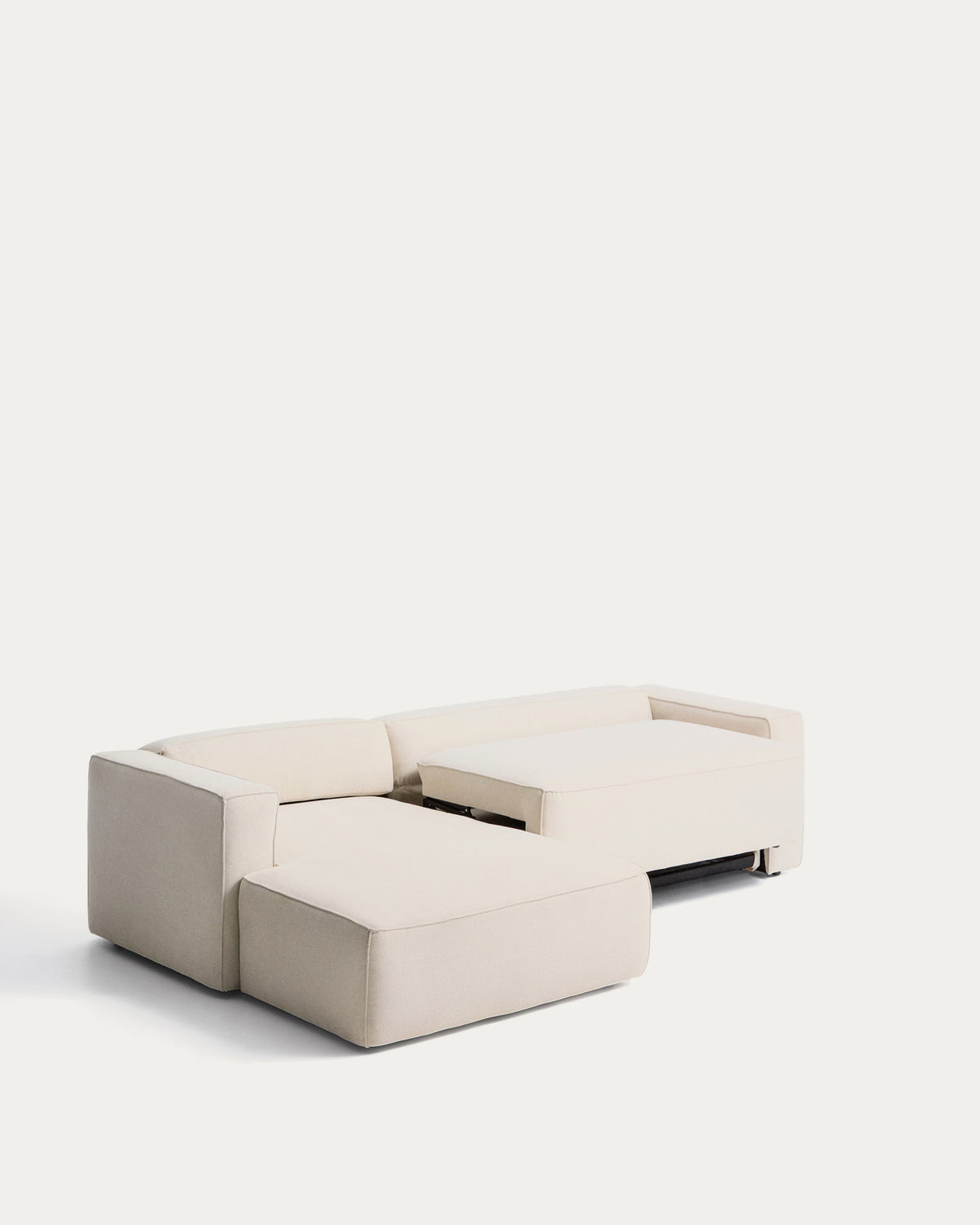 Bettsofa Marela mit Chaiselongue links in ecrufarbener Chenille und schwarzen Beinen
