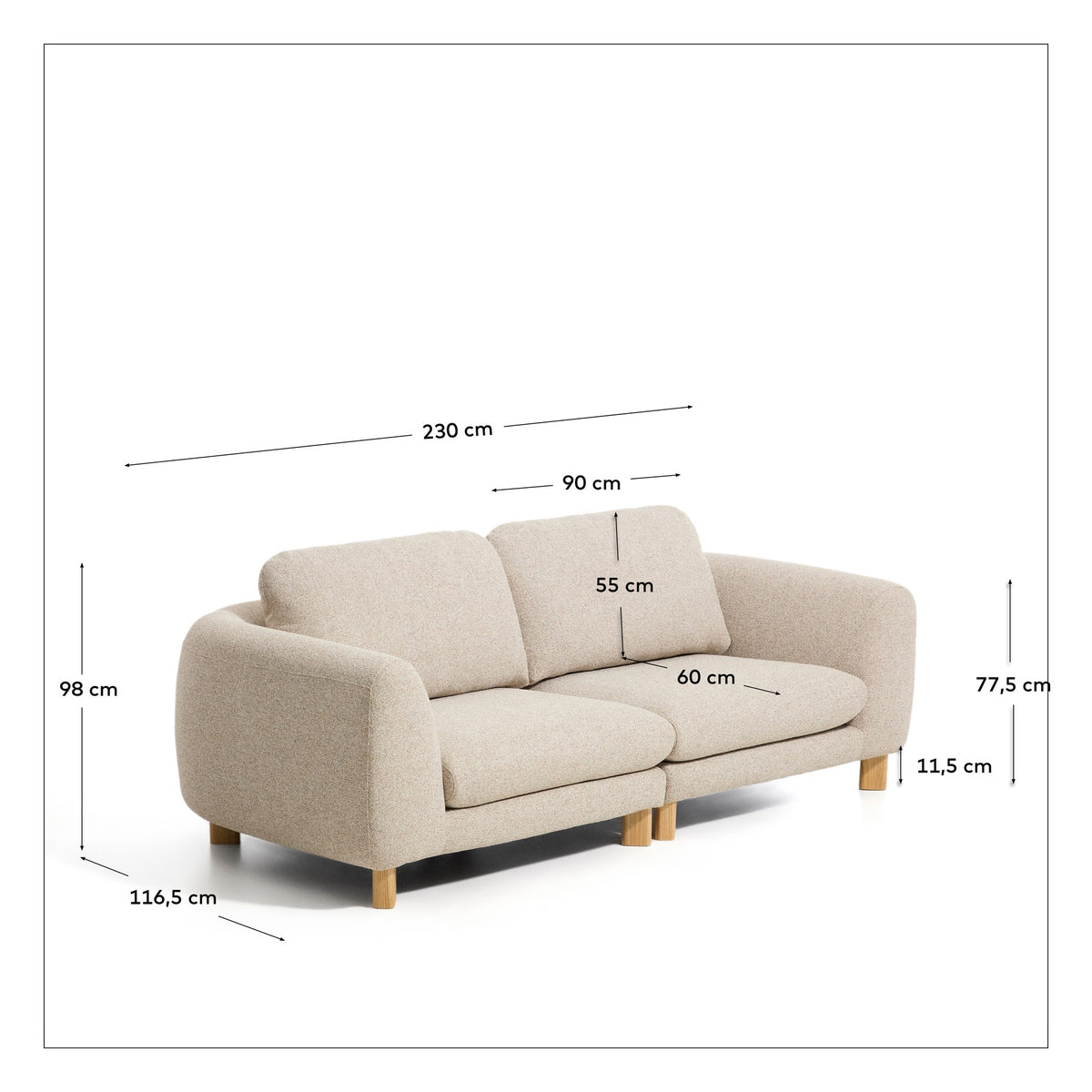 3-Sitzer Sofa Vera in Beige mit massiven Eschenholzbeinen, gepolsterter Sitzfläche und geschwungenen Armlehnen, Frontalansicht.
