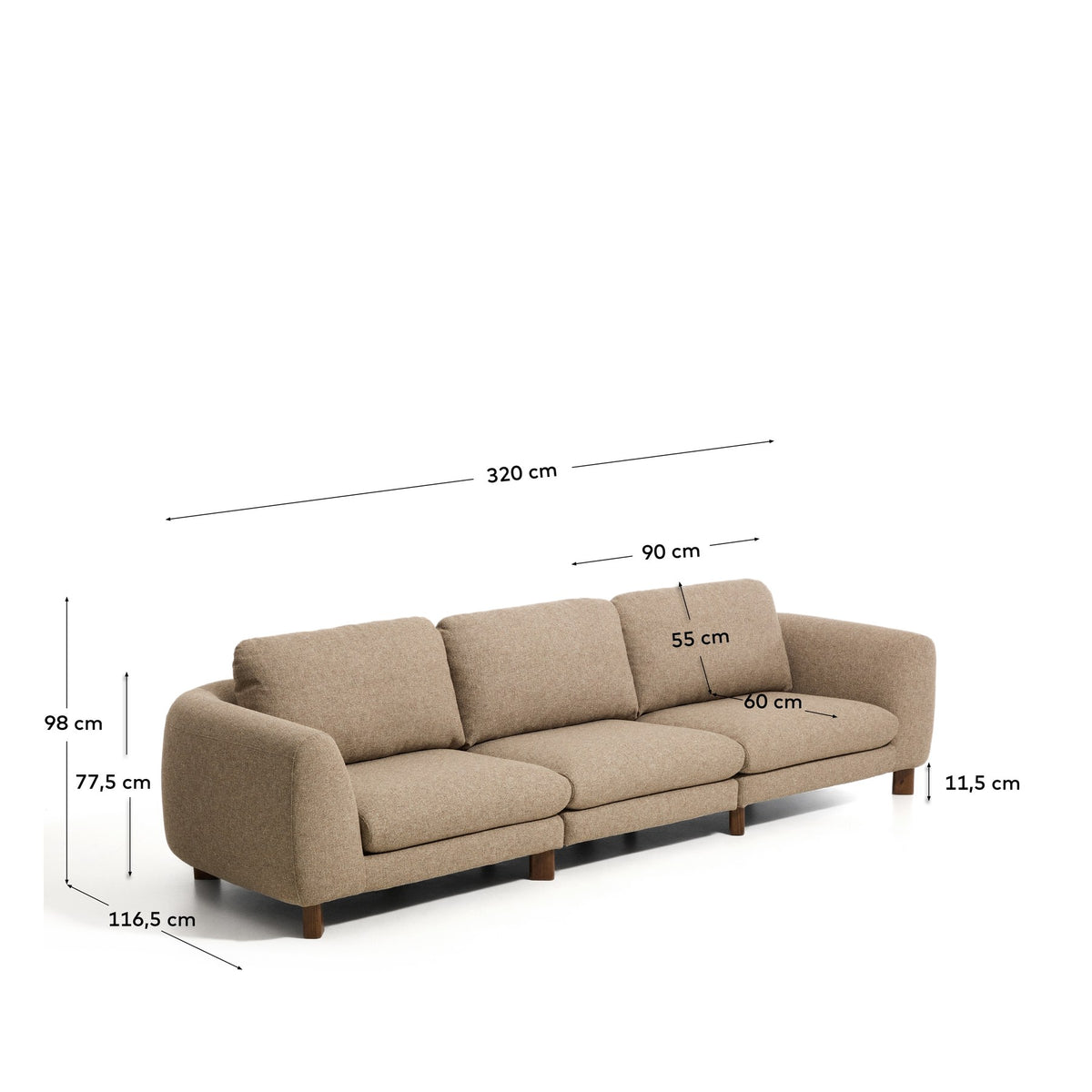 4-Sitzer Sofa Vera in Hellbraun mit gepolsterten Armlehnen und sichtbaren Beinen aus massivem Eschenholz mit Nussbaum-Finish.