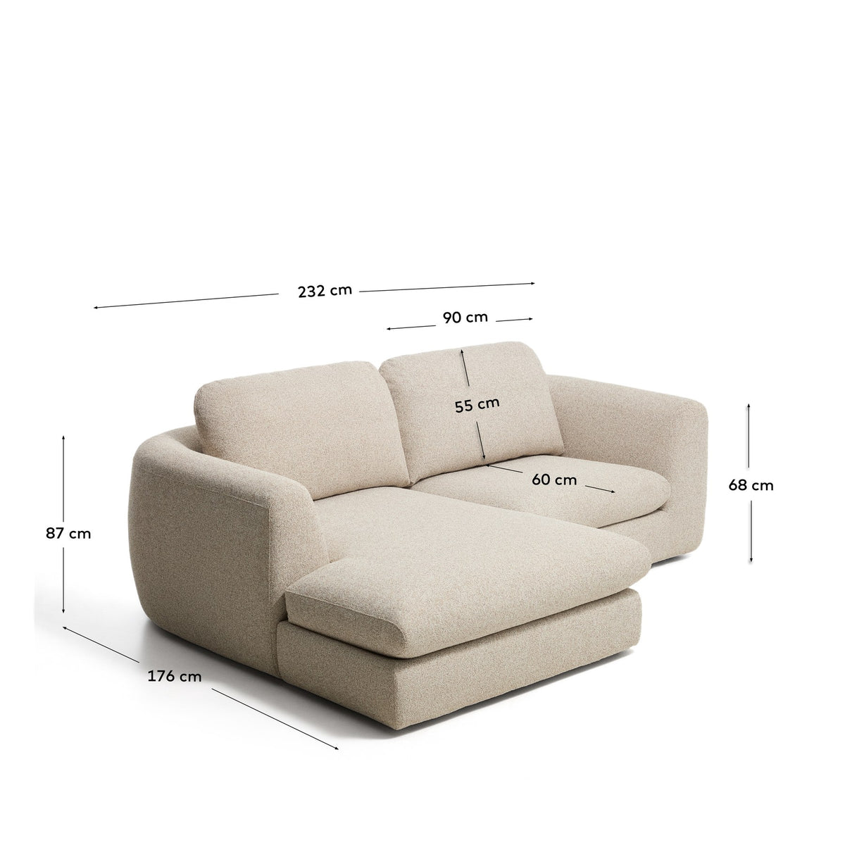 3-Sitzer Sofa Vera in Beige mit Chaiselongue links, gepolstertem Gewebebezug, schwarzen Polypropylen-Beinen und runden Armlehnen von Kave Home