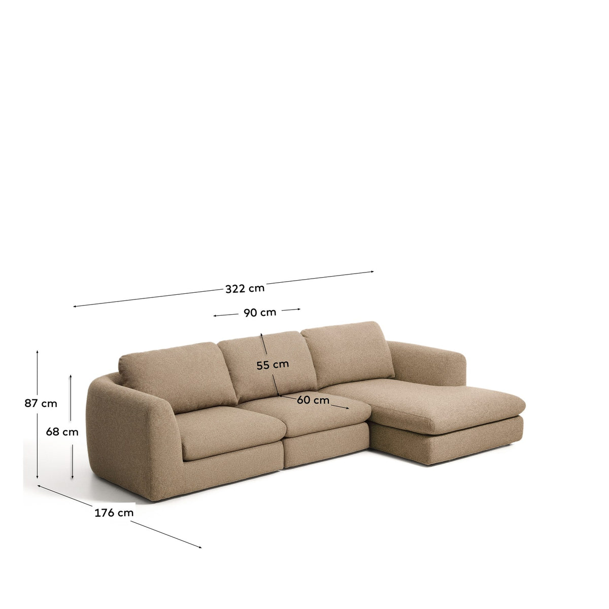 Hellbraunes 4-Sitzer Sofa Vera mit Chaiselongue rechts, gepolstert mit strukturiertem Gewebe, Beine aus Polypropylen, Masse 322x176x87 cm.