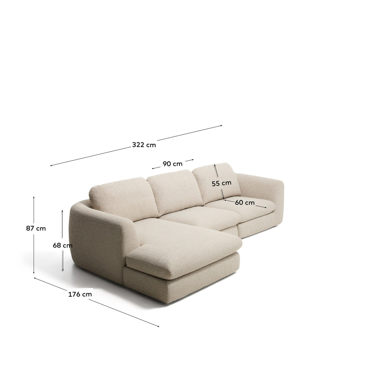 Beigefarbenes 4-Sitzer Sofa Vera mit Chaiselongue links, gepolstert mit strukturiertem Gewebe, schwarze Beine aus Polypropylen, 322 cm breit.